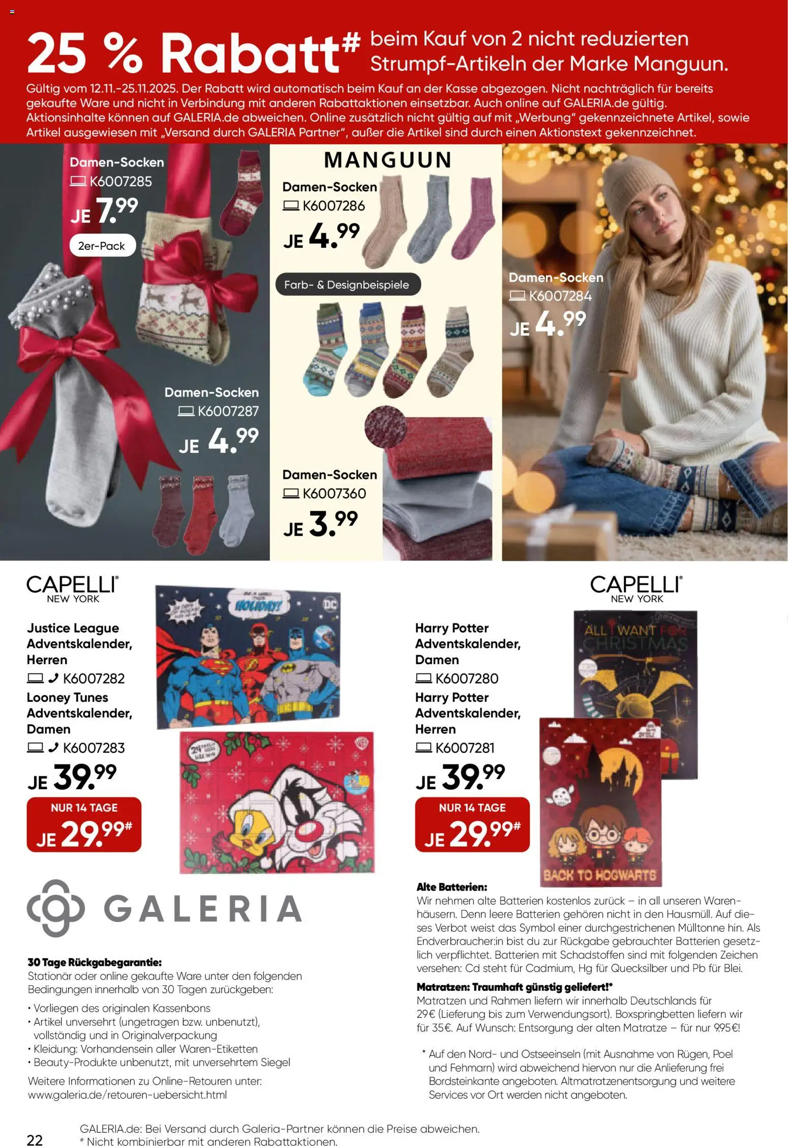 Galeria Karstadt Kaufhof Prospekt 	 – gültig ab 13.11.2025 | Seite: 22 | Produkte: Matratze, Batterien