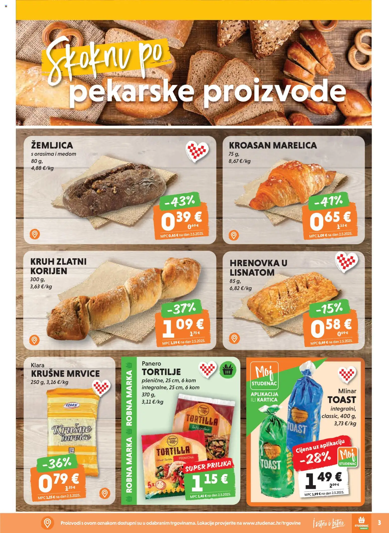 Studenac katalog | vrijedi od 29.04.2026 | Stranica: 3 | Proizvodi: Krušne mrvice, Kruh, Kroasan, Tortilje