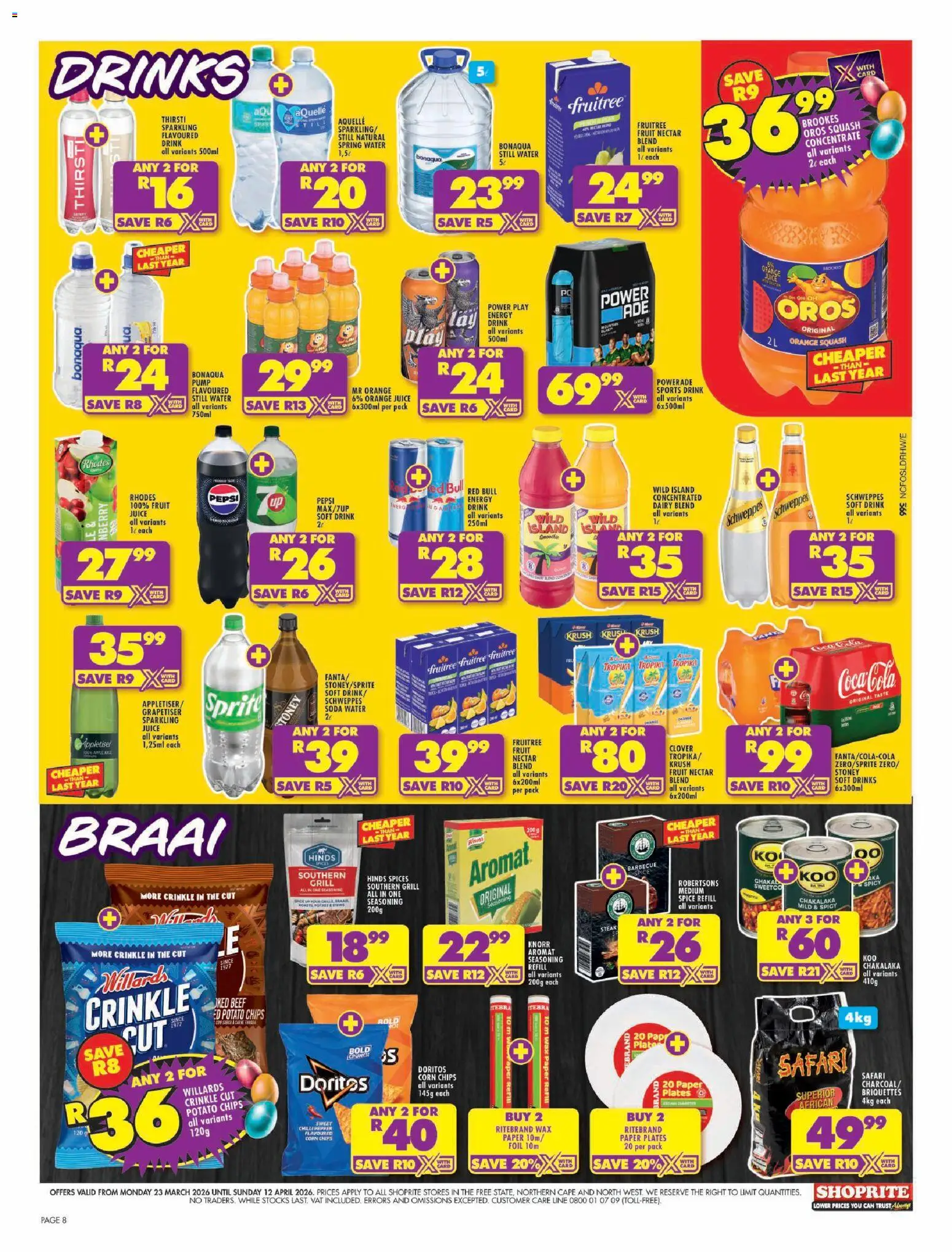 New Shoprite catalogue – valid from 23.03.2026 | Page: 8 | Products: Corn, Chips, Dairy blend, Paper