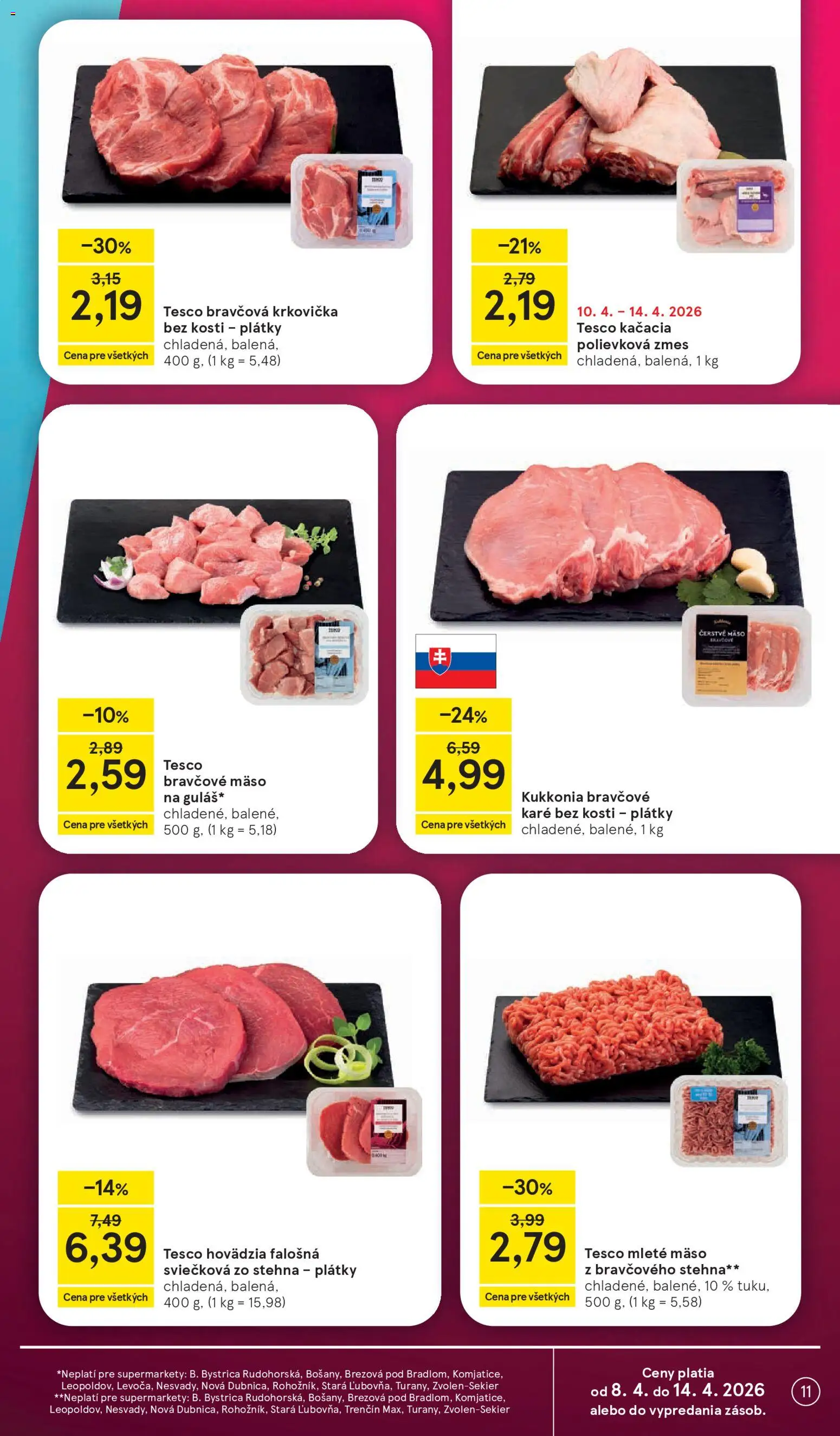 Nové Tesco akcie – leták je platný od 08.04.2026 | Strana: 11 | Produkty: Bravčová krkovička, Krkovička, Bravčové mäso, Mleté mäso