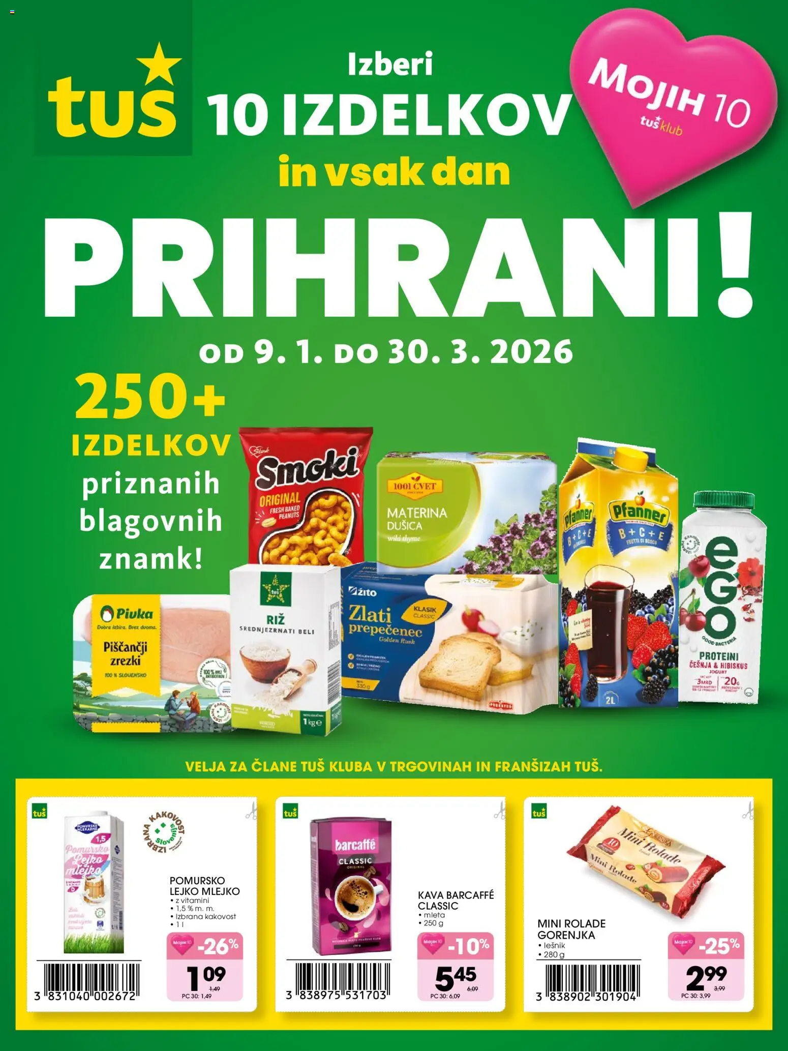 Novi Tuš katalog ponudbe – veljaven od 09.01.2026 | Stran: 1 | Izdelki: Jogurt, Zrezki, Kava