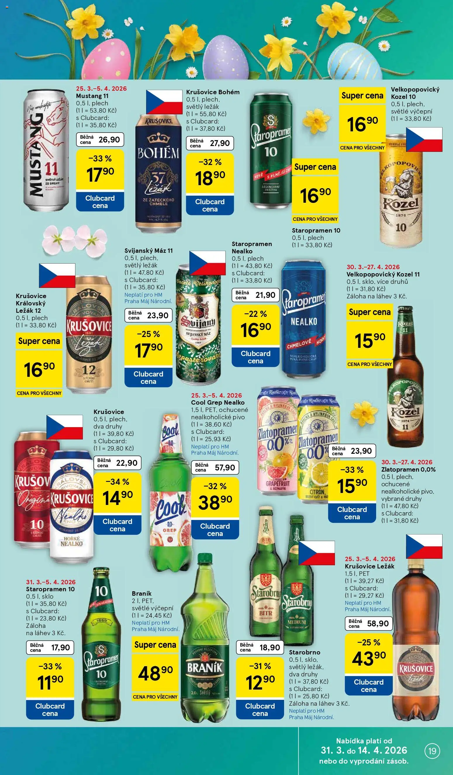 Tesco leták - Hypermarket od 31.03.2026 | Strana: 19 | Produkty: Krušovice Bohém, Kozel, Krušovice Nealko, Velkopopovický Kozel 11
