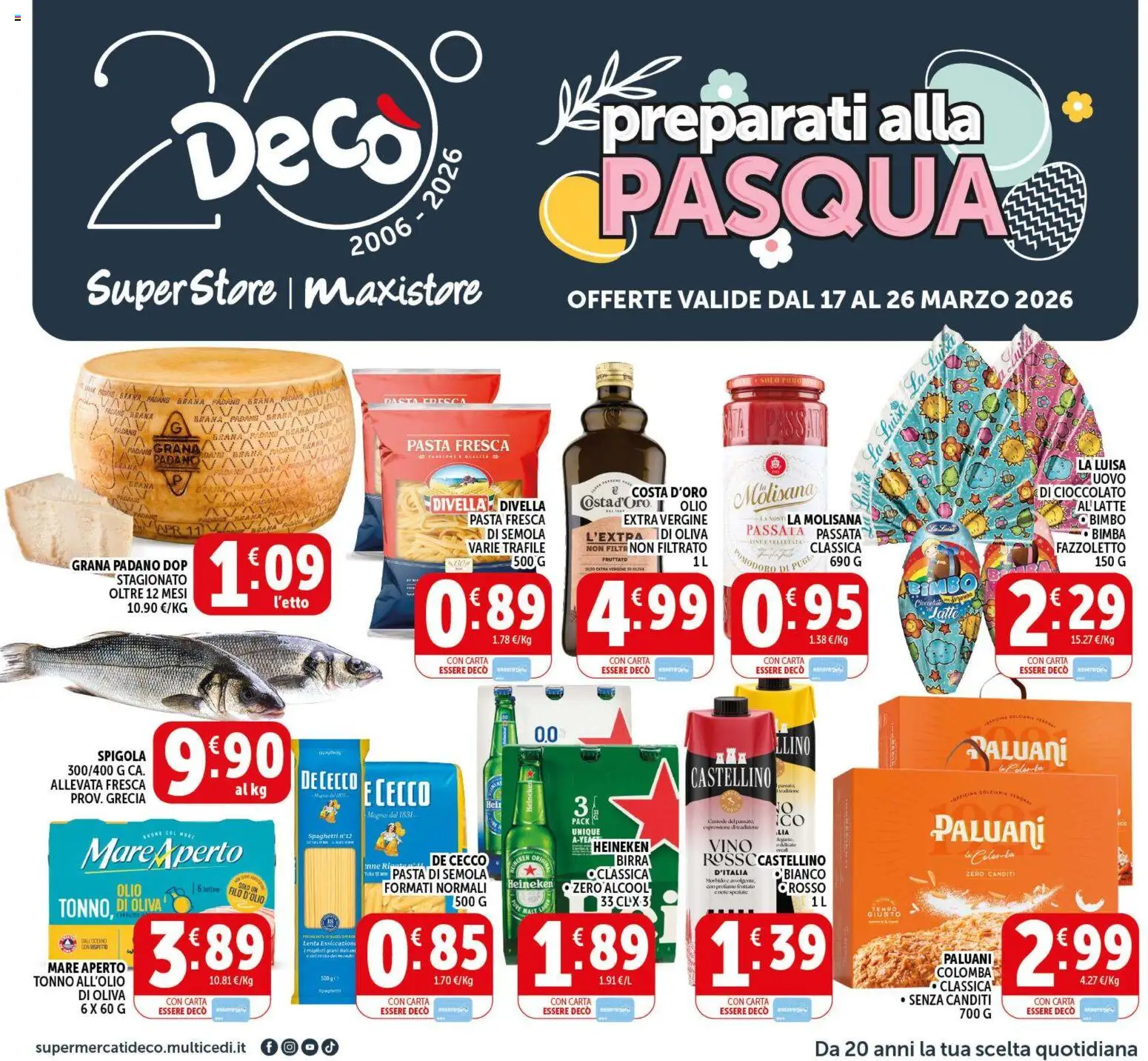 Volantino Decò del 17.03.2026 | Pagina: 1 | Prodotti: Cioccolato, Vino, Pasta, Spigola