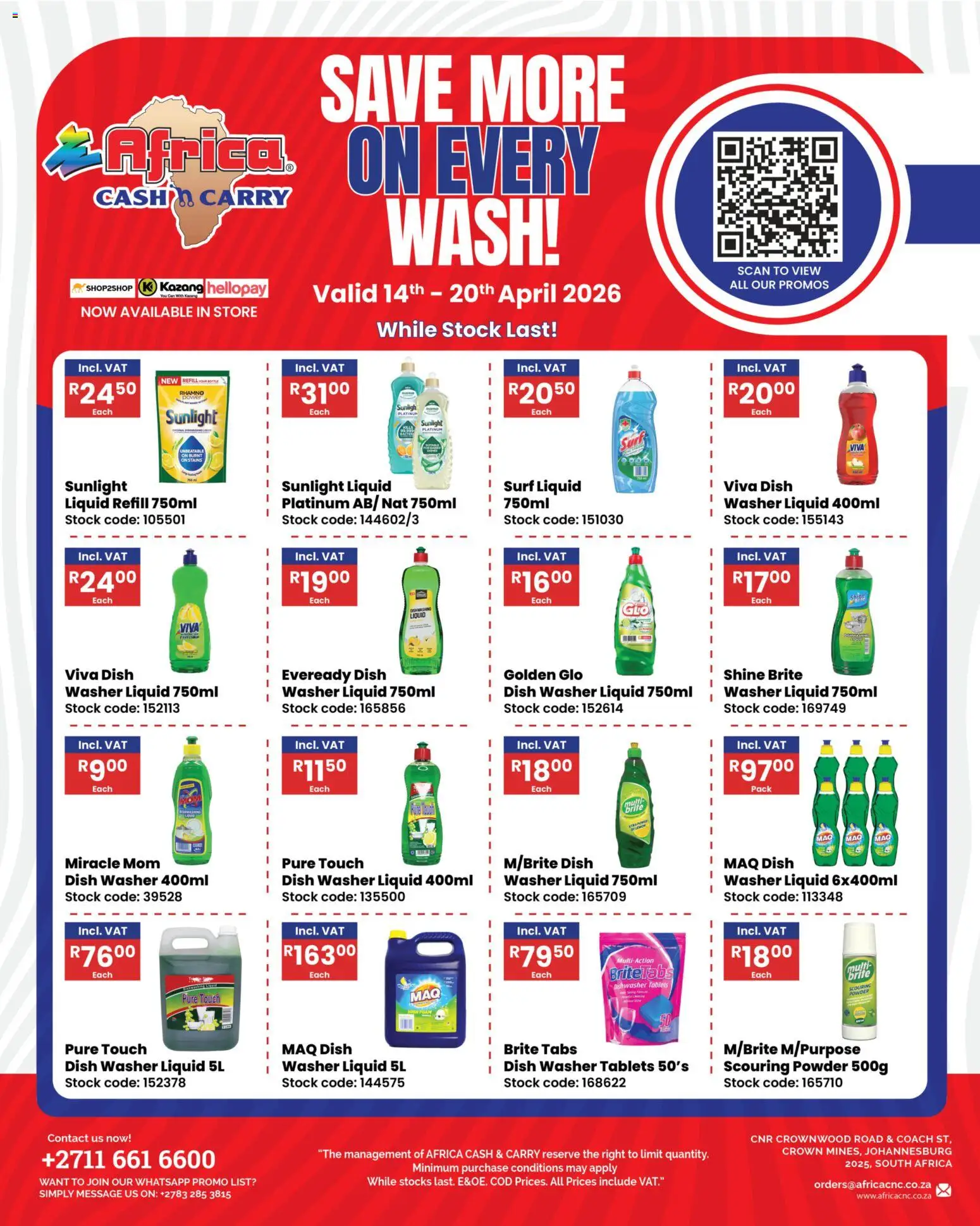 New Africa Cash & Carry catalogue – valid from 14.04.2026 | Page: 1 | Products: Dishwasher, Powder, Stock, Dishwasher tablets