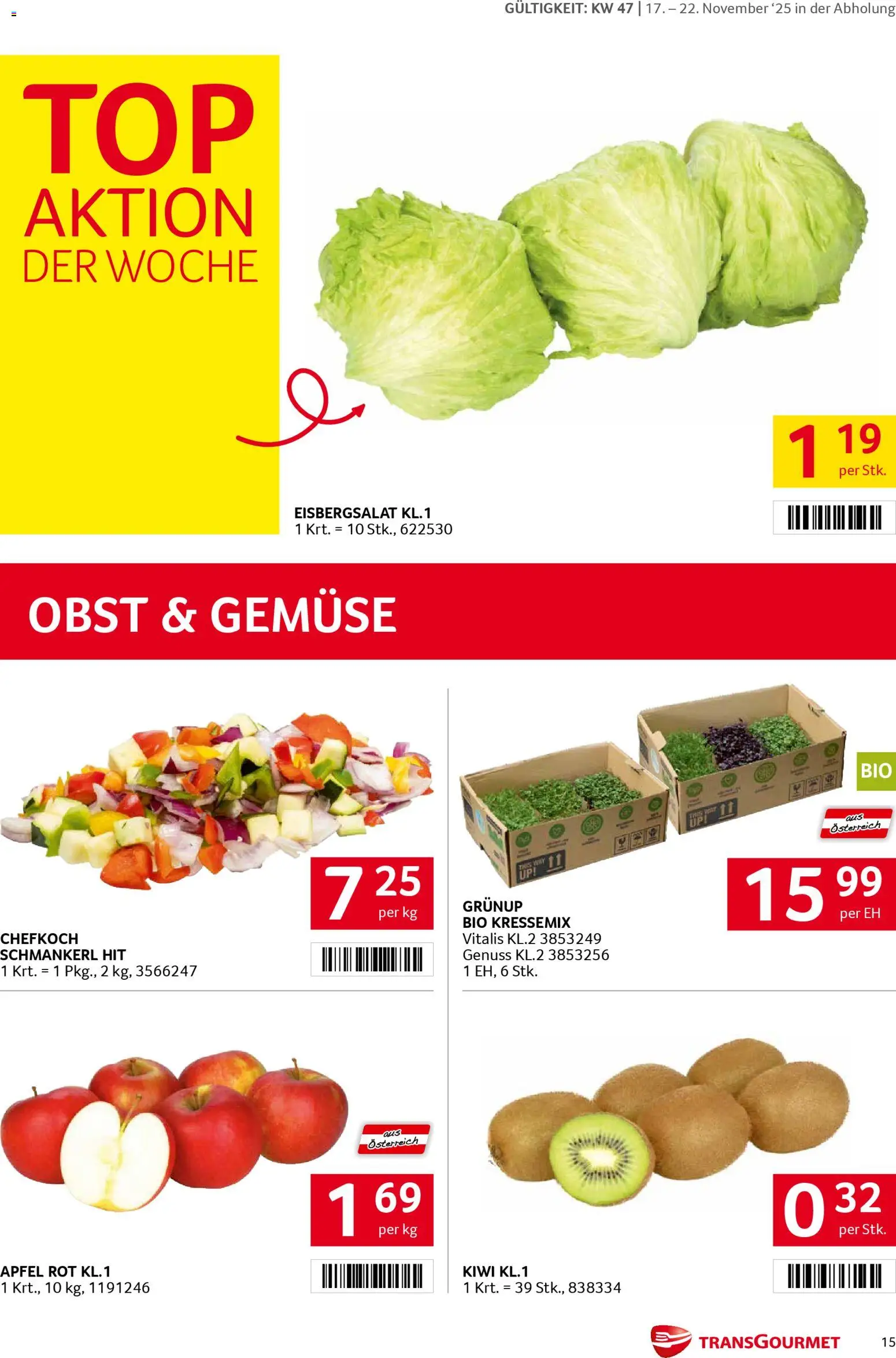 Transgourmet Flugblatt gültig ab 17.11.2025 | Seite: 15 | Produkte: Kiwi, Gemüse, Obst, Äpfel
