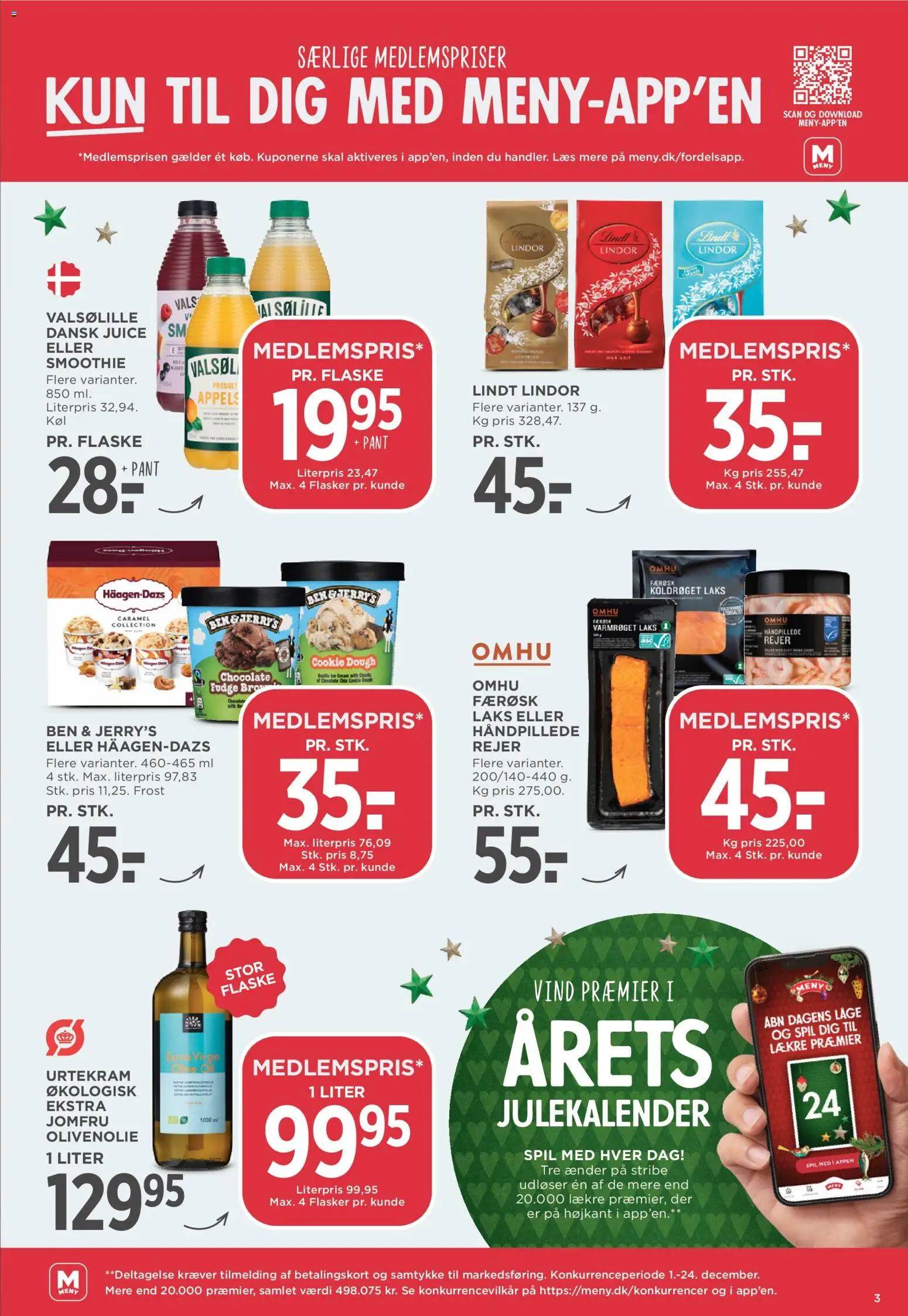 Meny tilbudsavis – gyldig fra 19.12.2025 | Side: 3 | Produkter: Juice, Rejer, Olivenolie, Spil