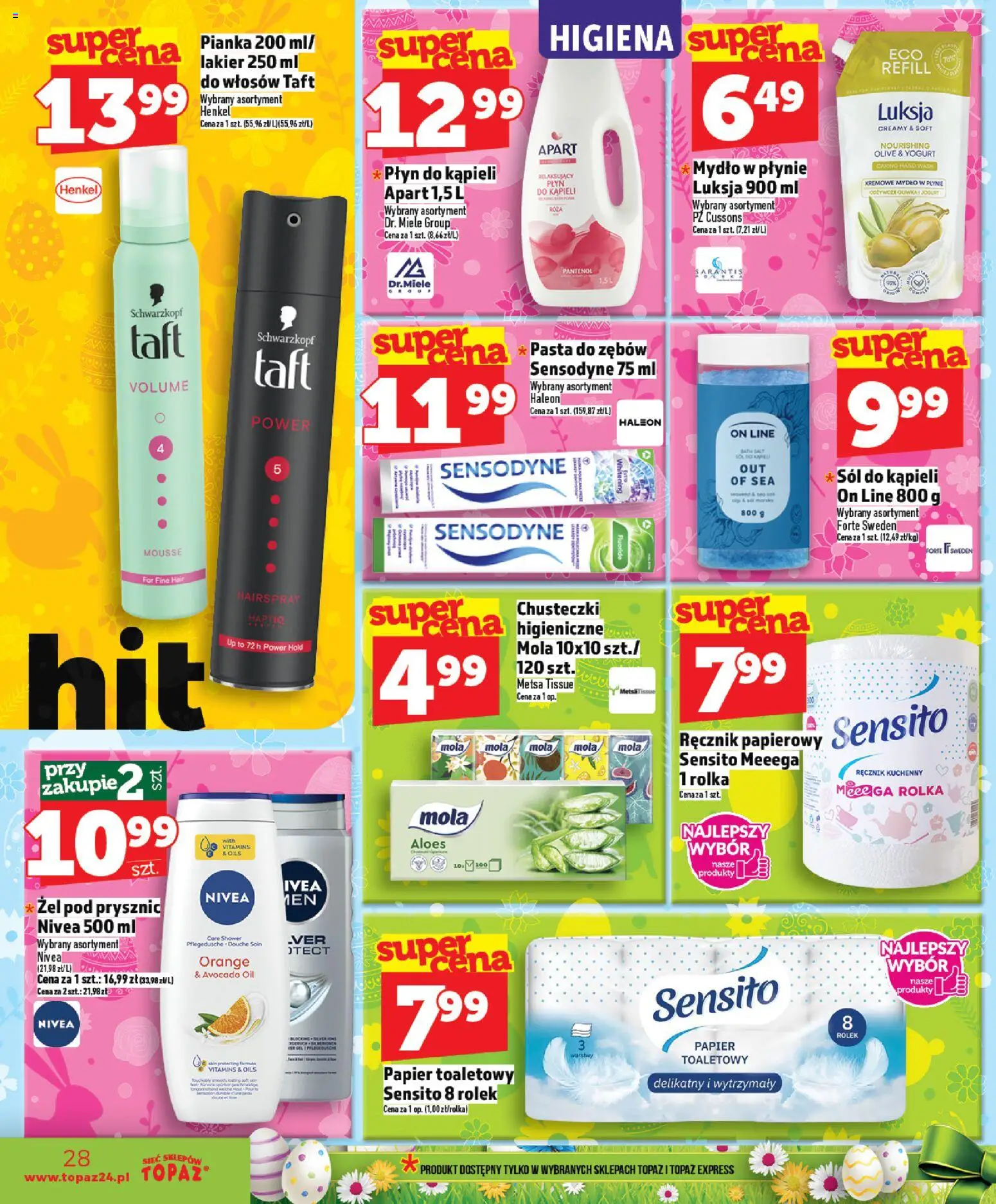 Topaz gazetka - Ceny małe na stałe od 02.04.2026 | Strona: 28 | Produkty: Papier toaletowy, Płyn do kąpieli, Żel pod prysznic, Sól