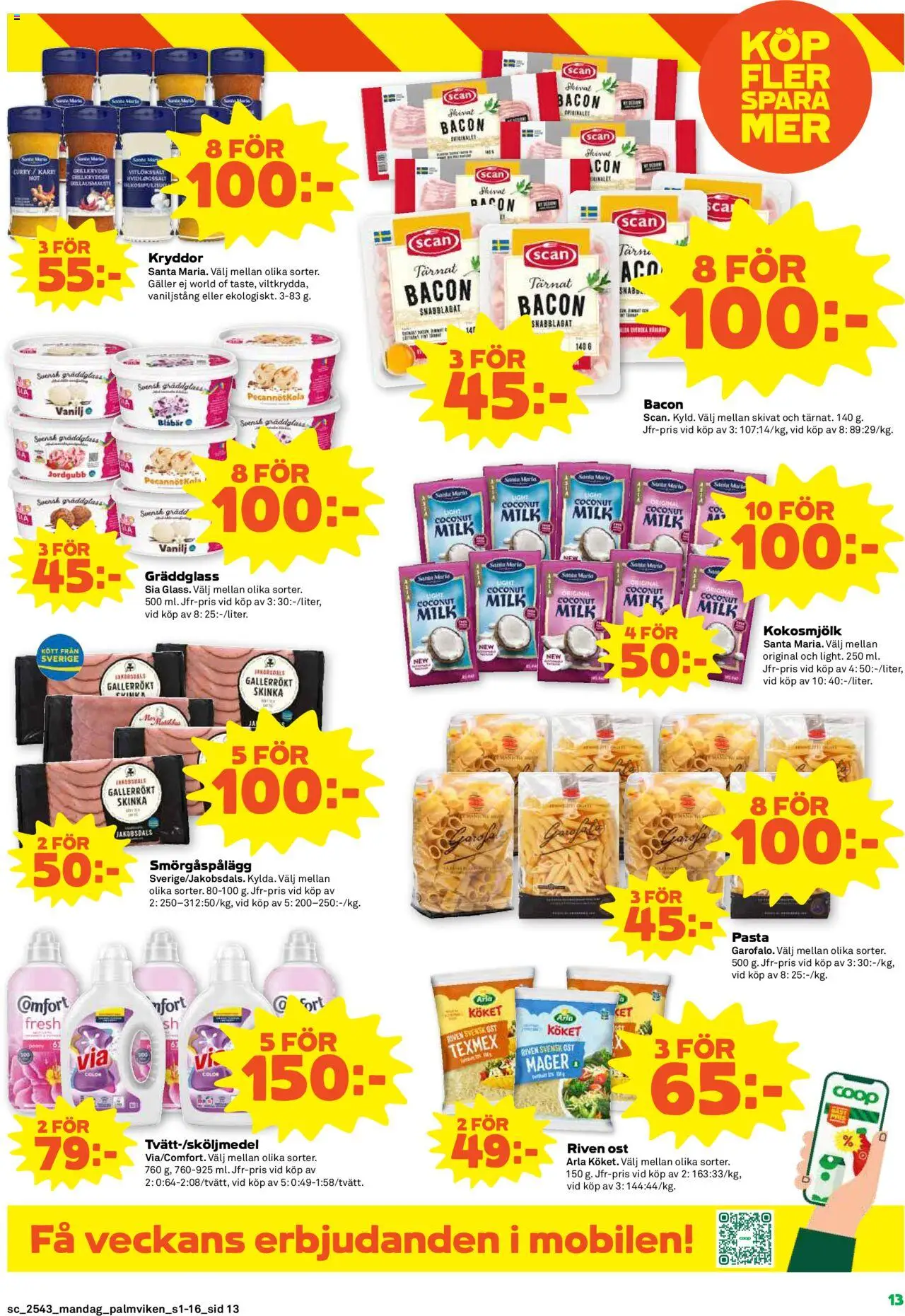 Stora Coop reklamblad aktuell från 20.10.2025 | Sida: 13 | Produkter: Galler, Riven ost, Pasta, Blåbär