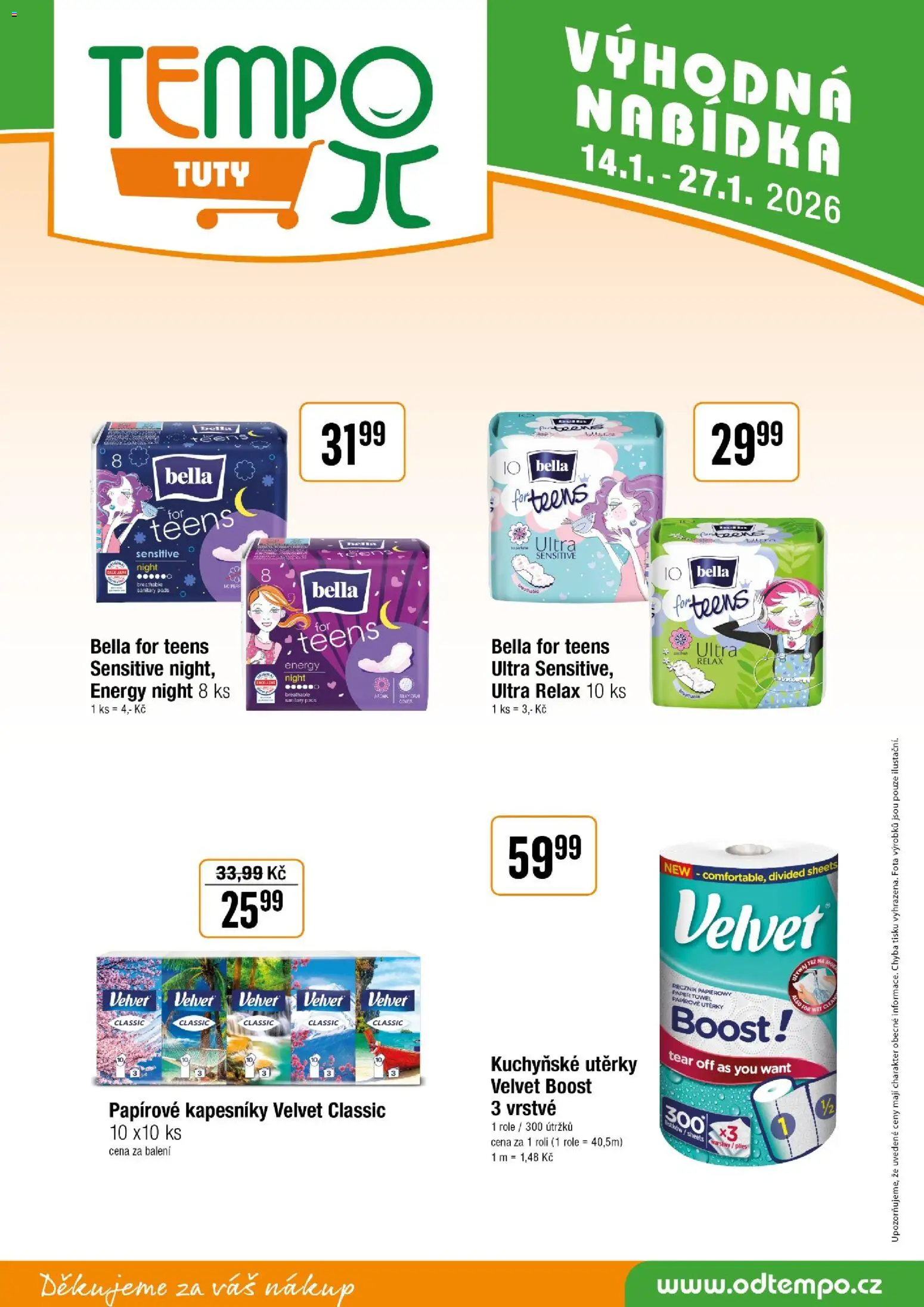 Tempo leták - Tuty od 14.01.2026 | Strana: 16 | Produkty: Kuchyňské utěrky, Utěrky, Papírové kapesníky, Velvet