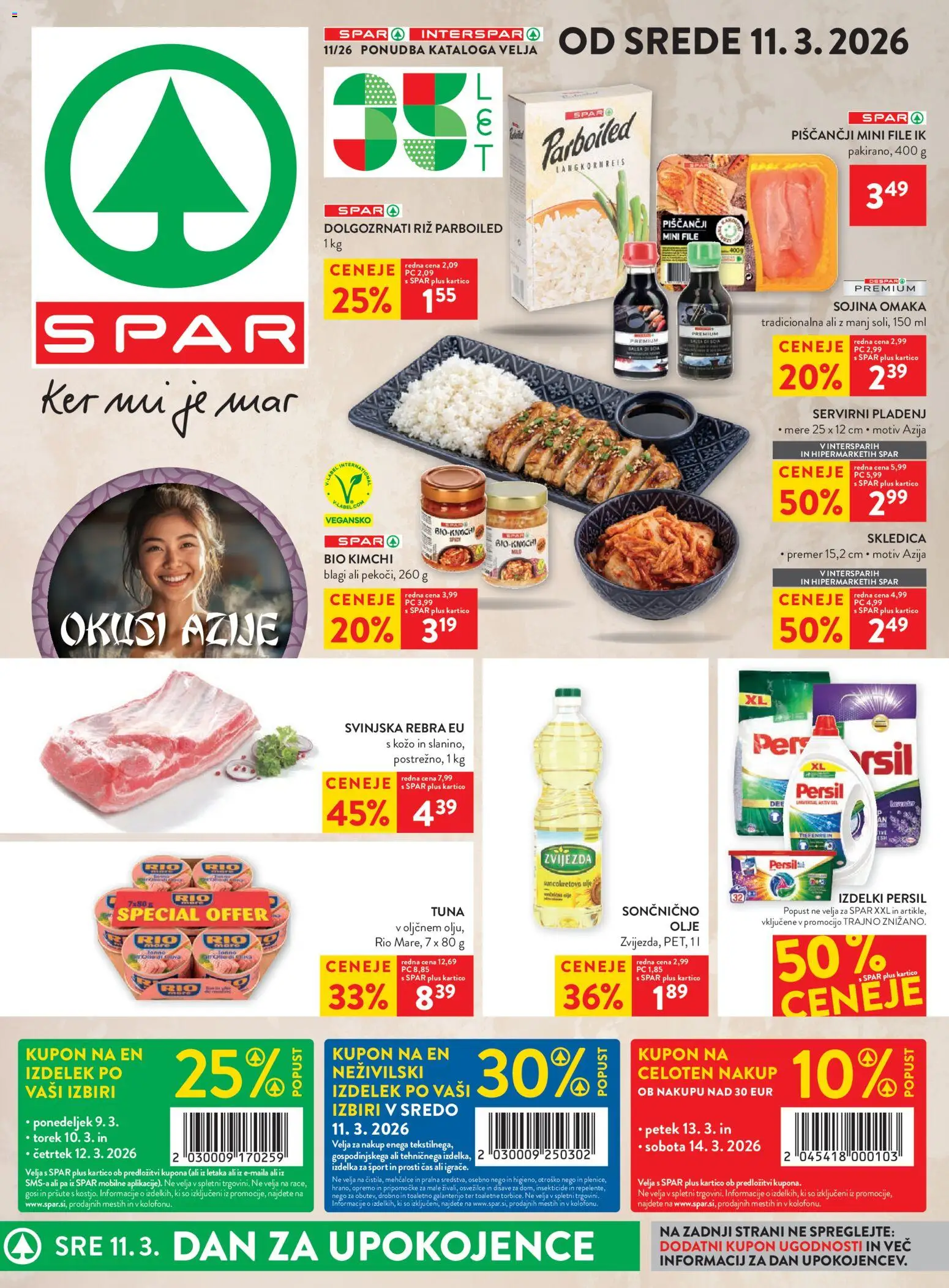 Novi Spar katalog ponudbe – veljaven od 11.03.2026 | Stran: 1 | Izdelki: Tuna, Olje, Riz, Omaka