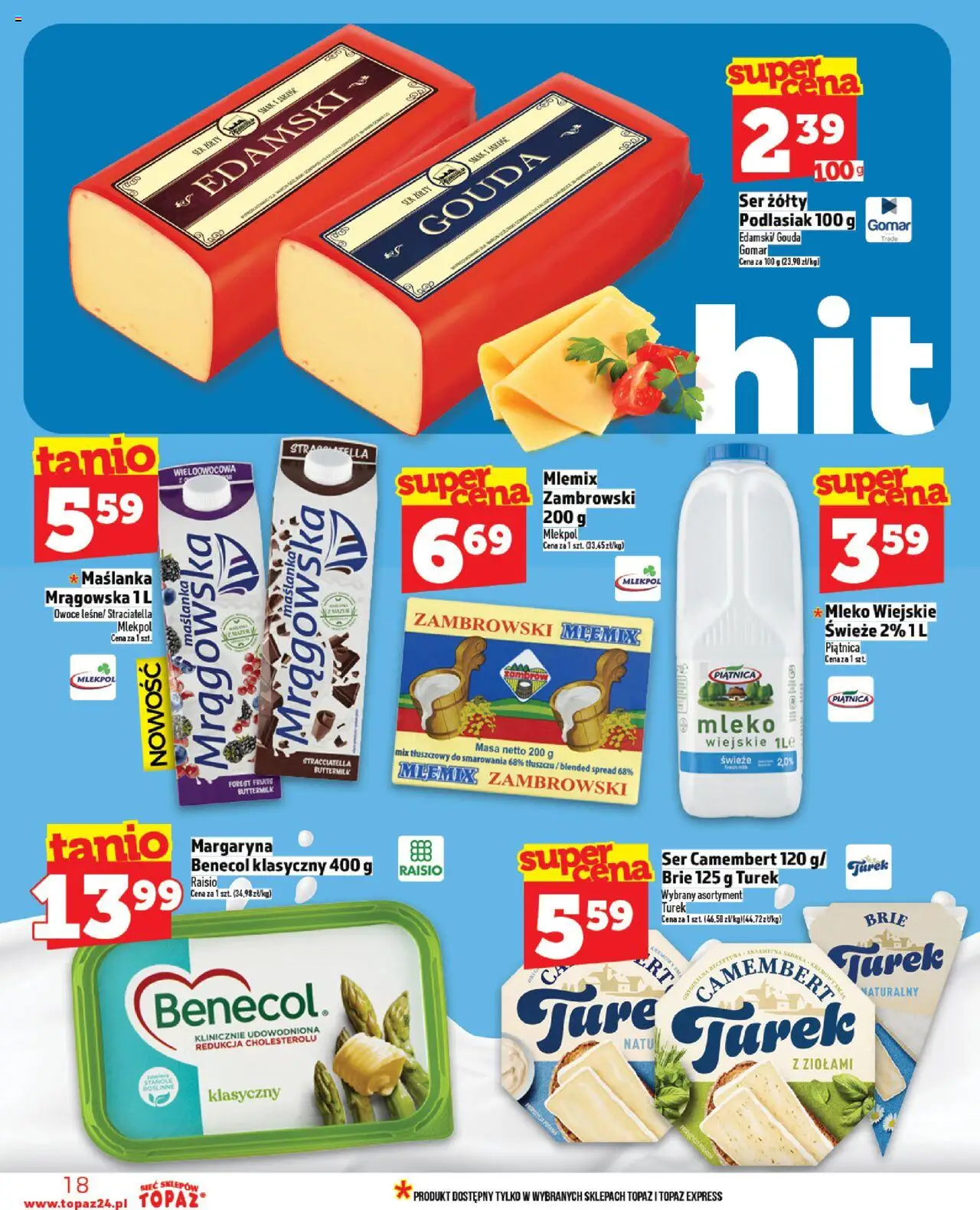Topaz Gazetka od 14.08.2025 | Strona: 18 | Produkty: Maślanka, Ser camembert, Mleko, Ser