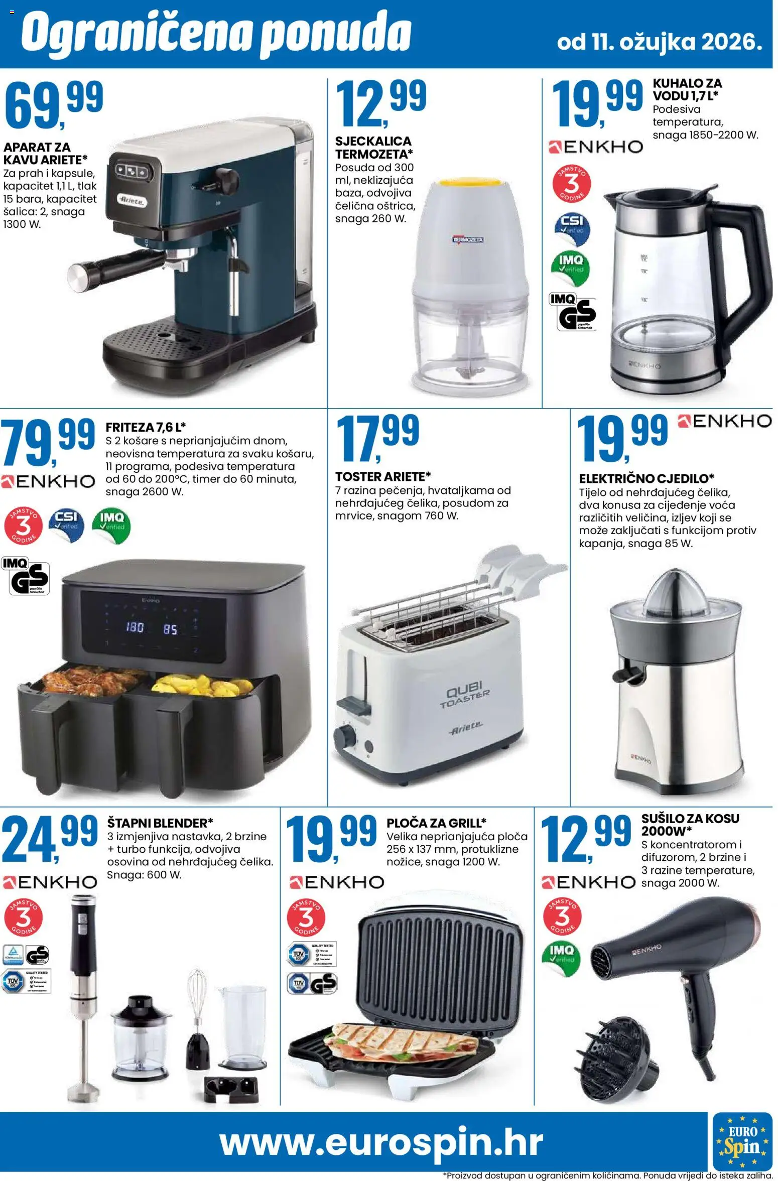 Eurospin katalog | vrijedi od 11.03.2026 | Stranica: 15 | Proizvodi: Kuhalo za vodu, Friteza, Sjeckalica, Šalica