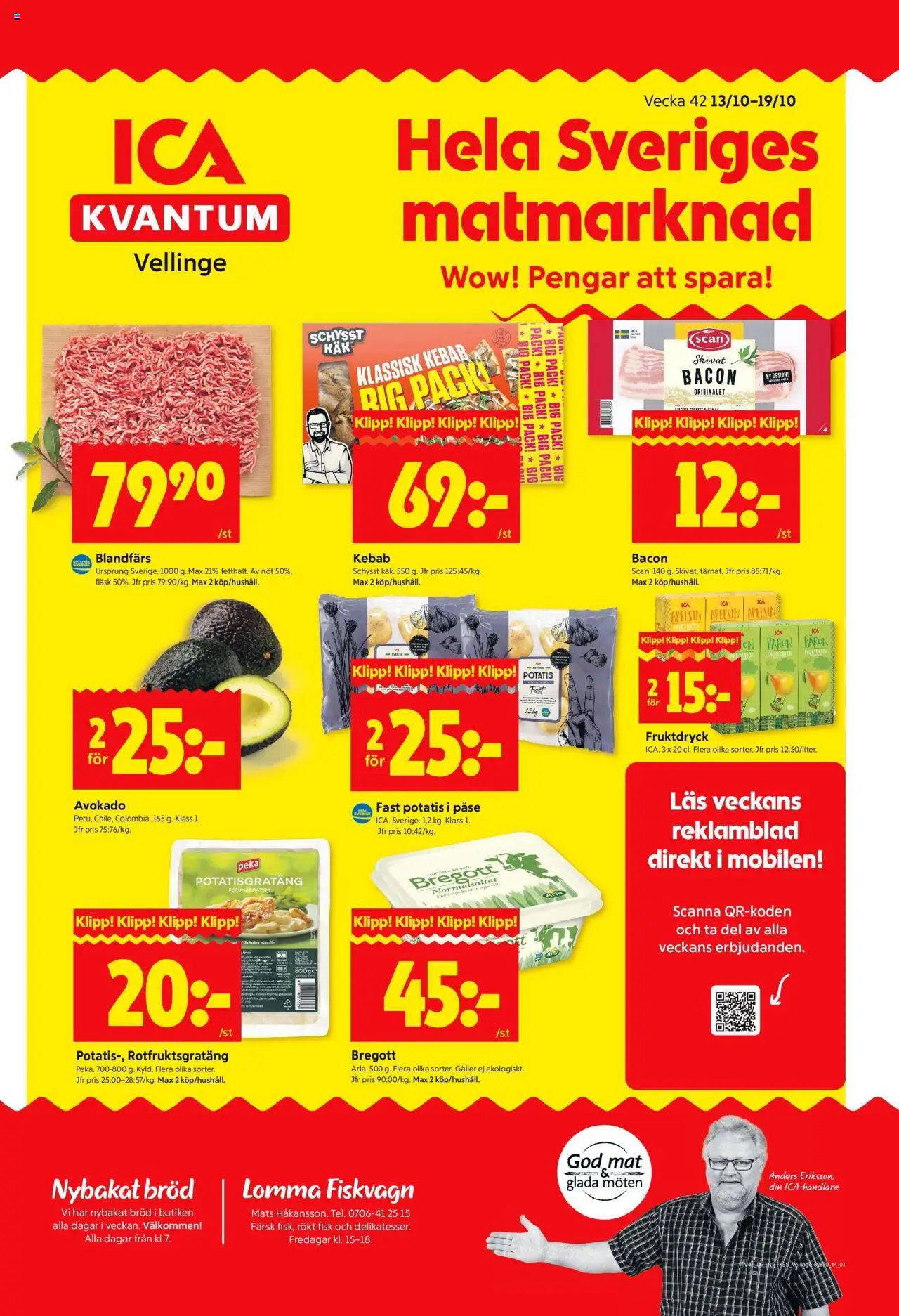 ICA Kvantum reklamblad aktuell från 13.10.2025 | Sida: 1 | Produkter: Bacon, Bregott, Fläsk, Apelsin