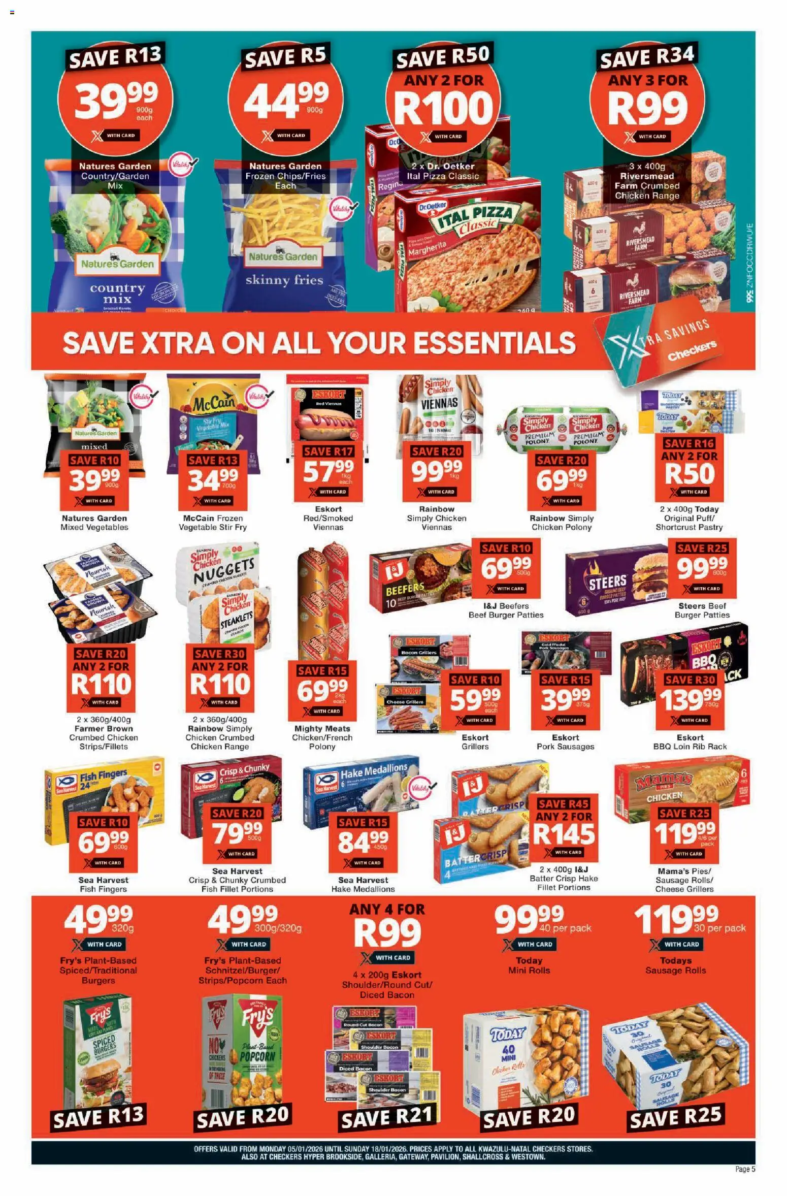 New Checkers catalogue – valid from 05.01.2026 | Page: 5 | Products: Cheese, Burgers, Vegetables, Fry's