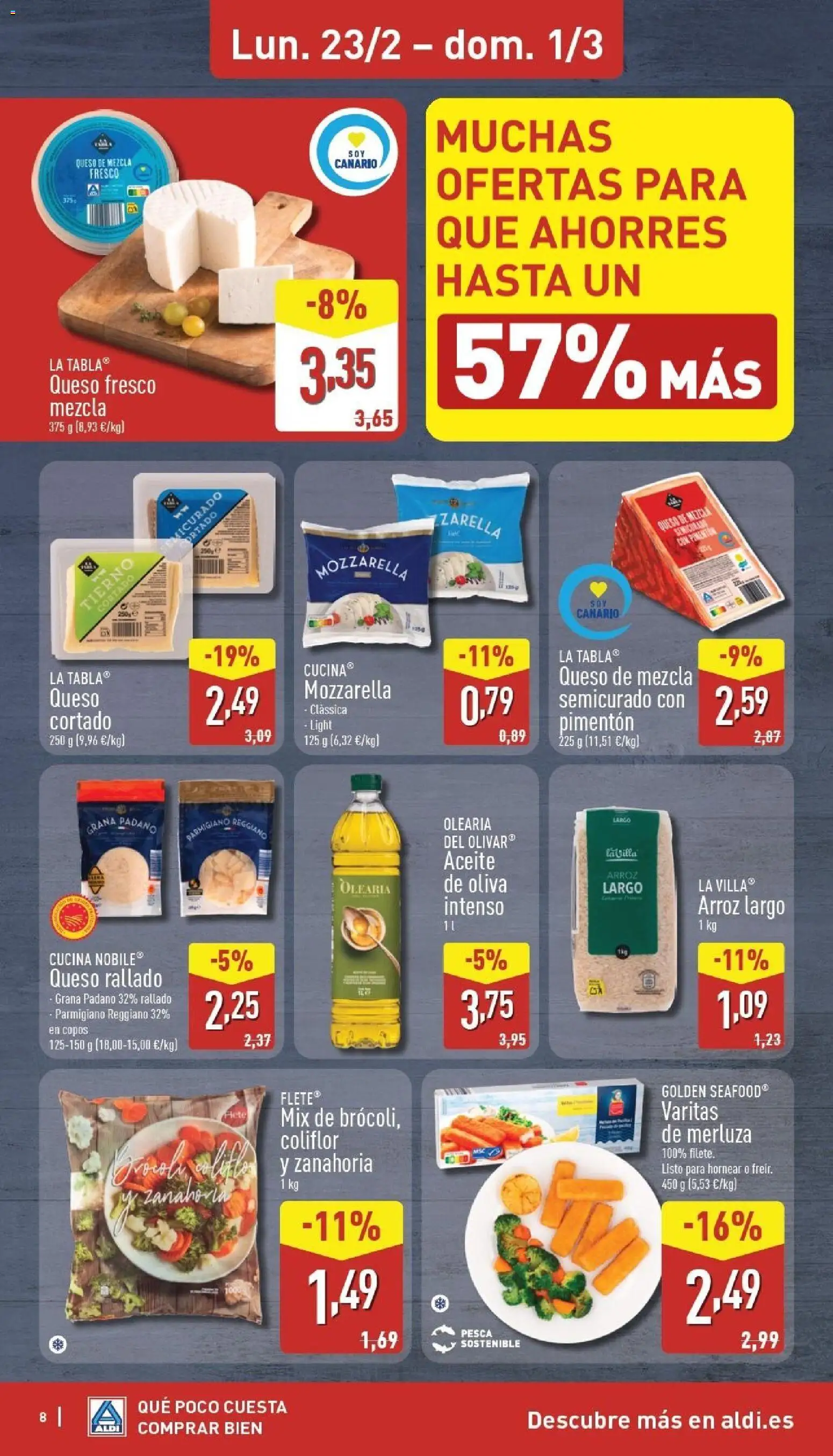 Aldi folleto Canarias │ válido desde el 23.02.2026 | Página: 8 | Productos: Queso, Queso fresco, Queso rallado, Copos