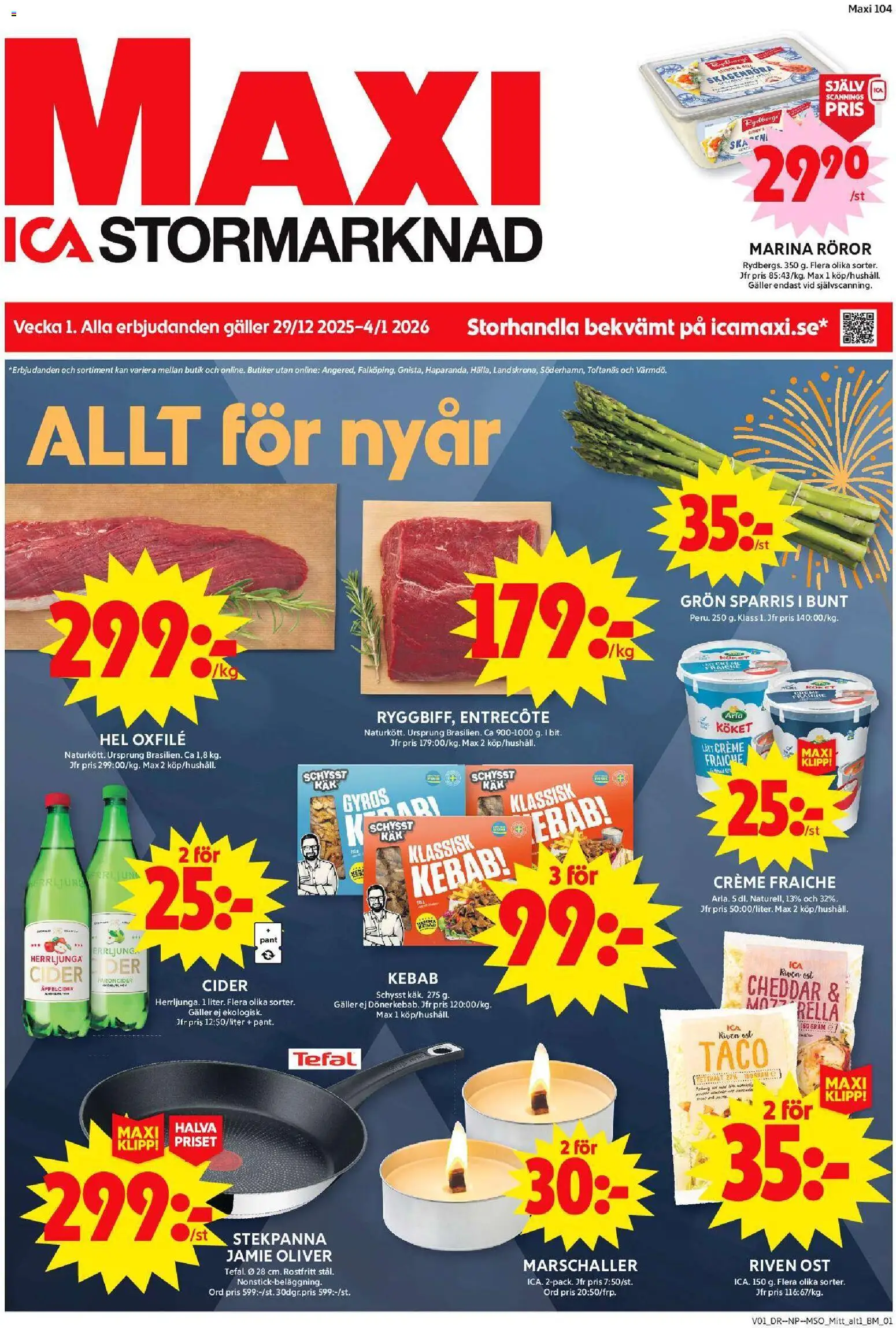 ICA Maxi reklamblad aktuell från 30.12.2025 | Sida: 1 | Produkter: Oxfilé, Cider, Sparris, Stekpanna