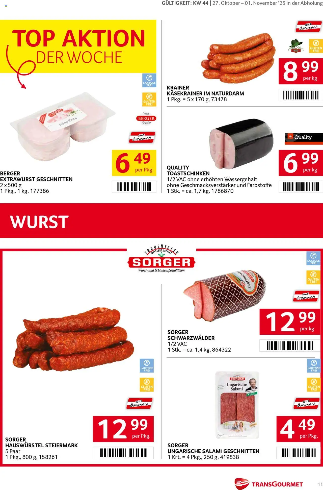 Transgourmet Flugblatt gültig ab 26.10.2025 | Seite: 11 | Produkte: Wurst, Salami, Schinken