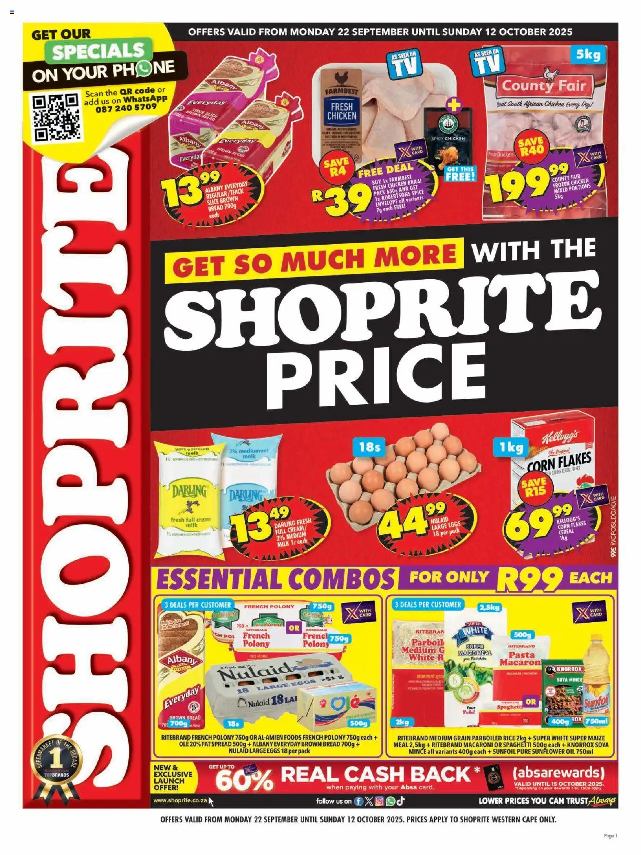 New Shoprite catalogue – valid from 22.09.2025 | Page: 1 | Products: Corn, Oil, Bread, Polony