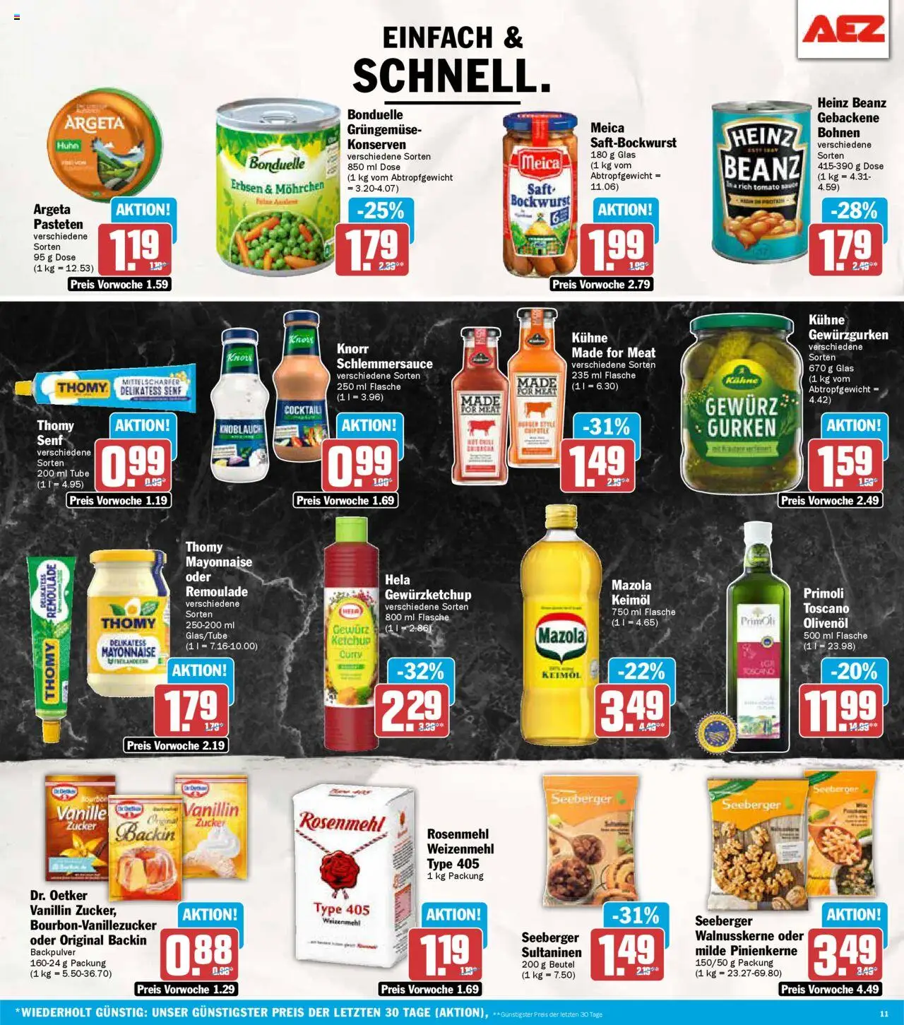 AEZ Prospekt 	 – gültig ab 13.10.2025 | Seite: 11 | Produkte: Bockwurst, Zucker, Knoblauch, Erbsen