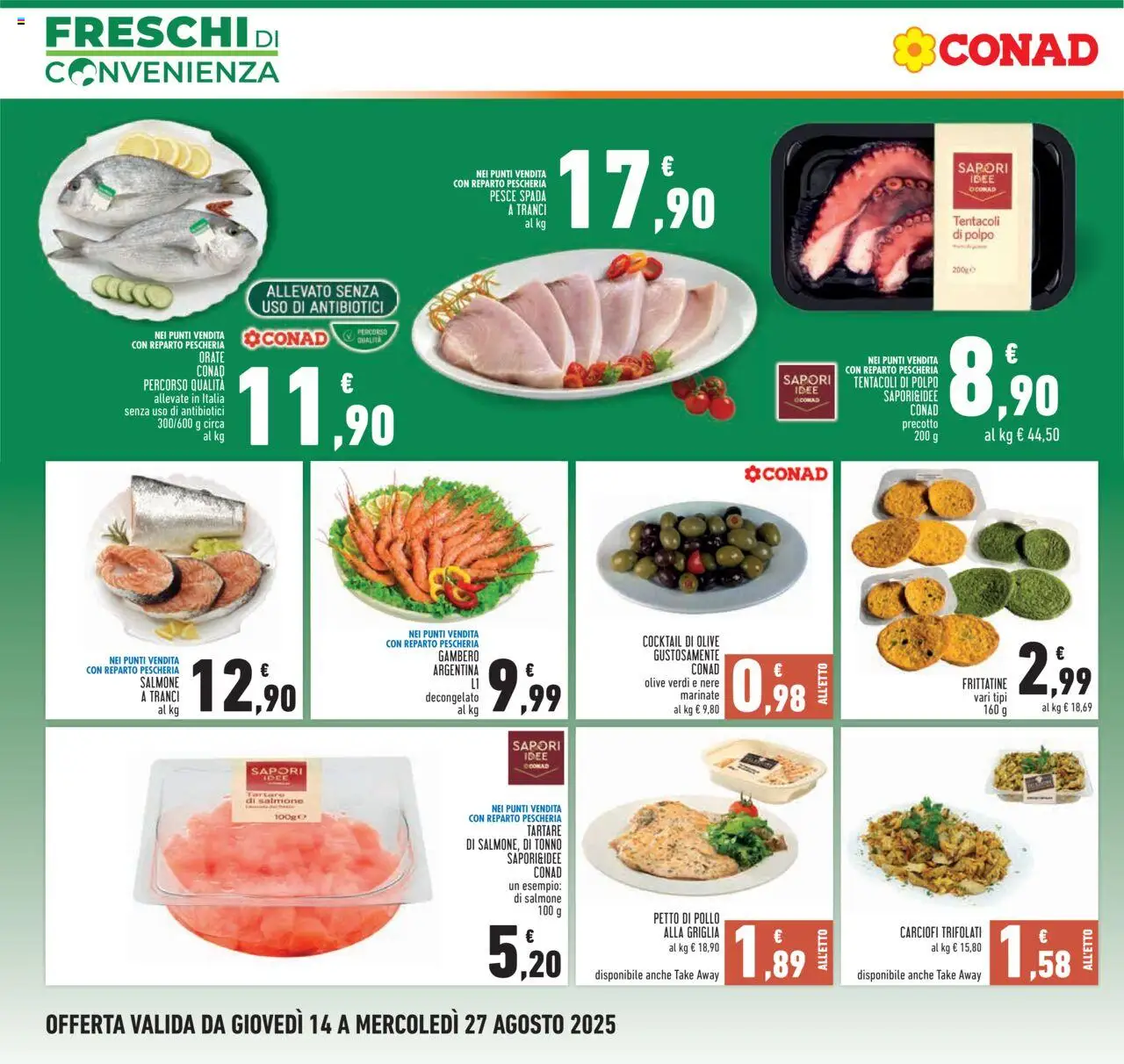 Volantino Conad del 14.08.2025 | Pagina: 4 | Prodotti: Petto di Pollo, Polpo, Tonno, Pesce spada