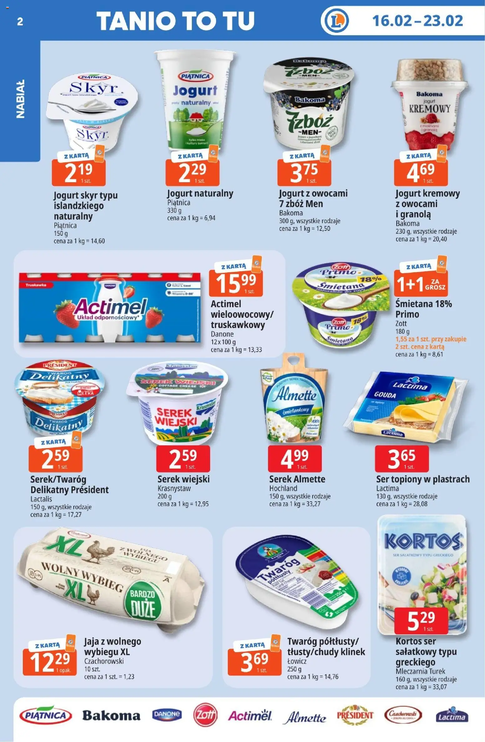 E.Leclerc Gazetka - Radom od 16.02.2026 | Strona: 2 | Produkty: Karta, Ser topiony w plastrach, Serek wiejski, Śmietana