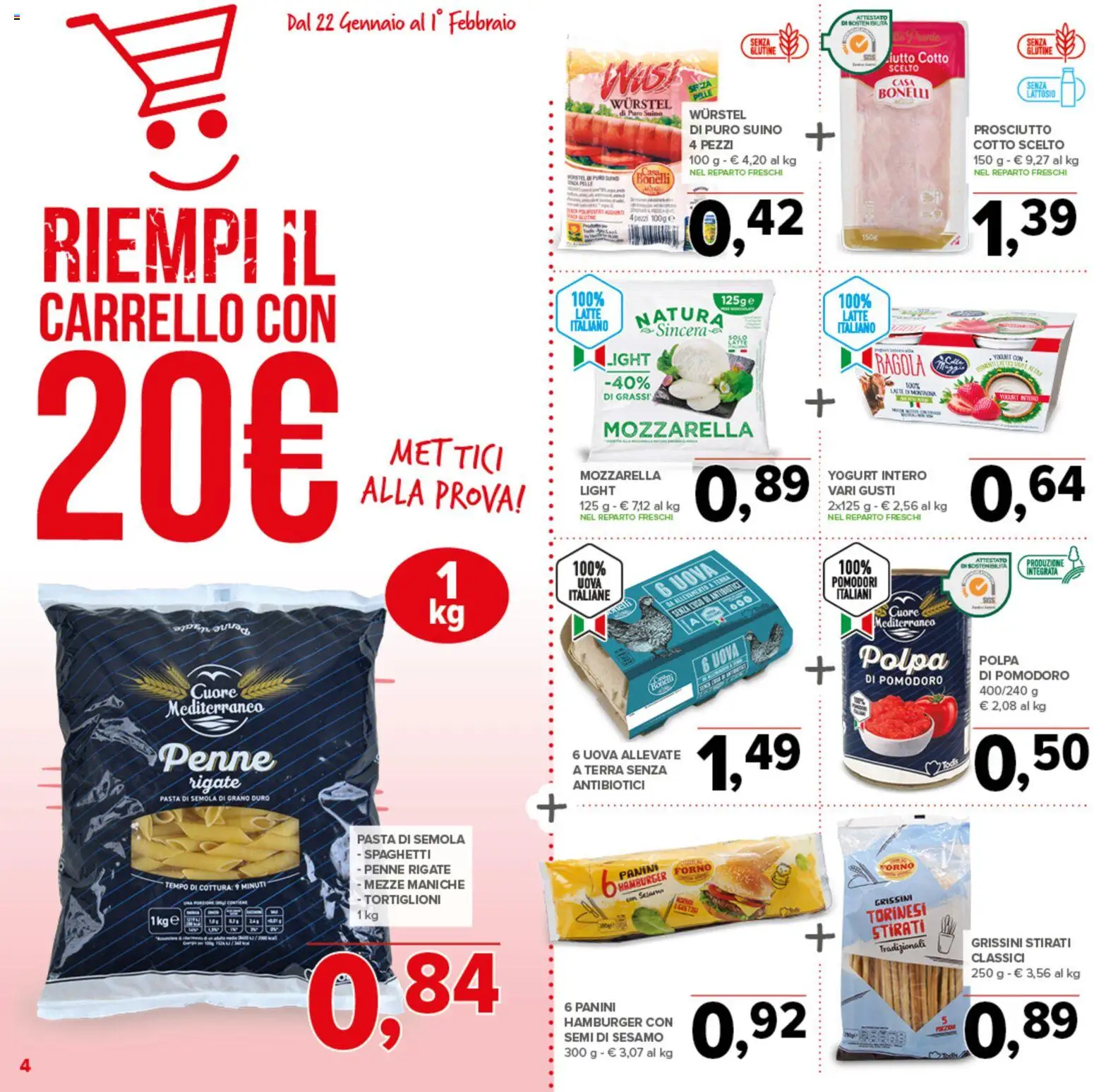 Volantino Todis del 22.01.2026 | Pagina: 4 | Prodotti: Uova, Mozzarella, Carrello, Hamburger