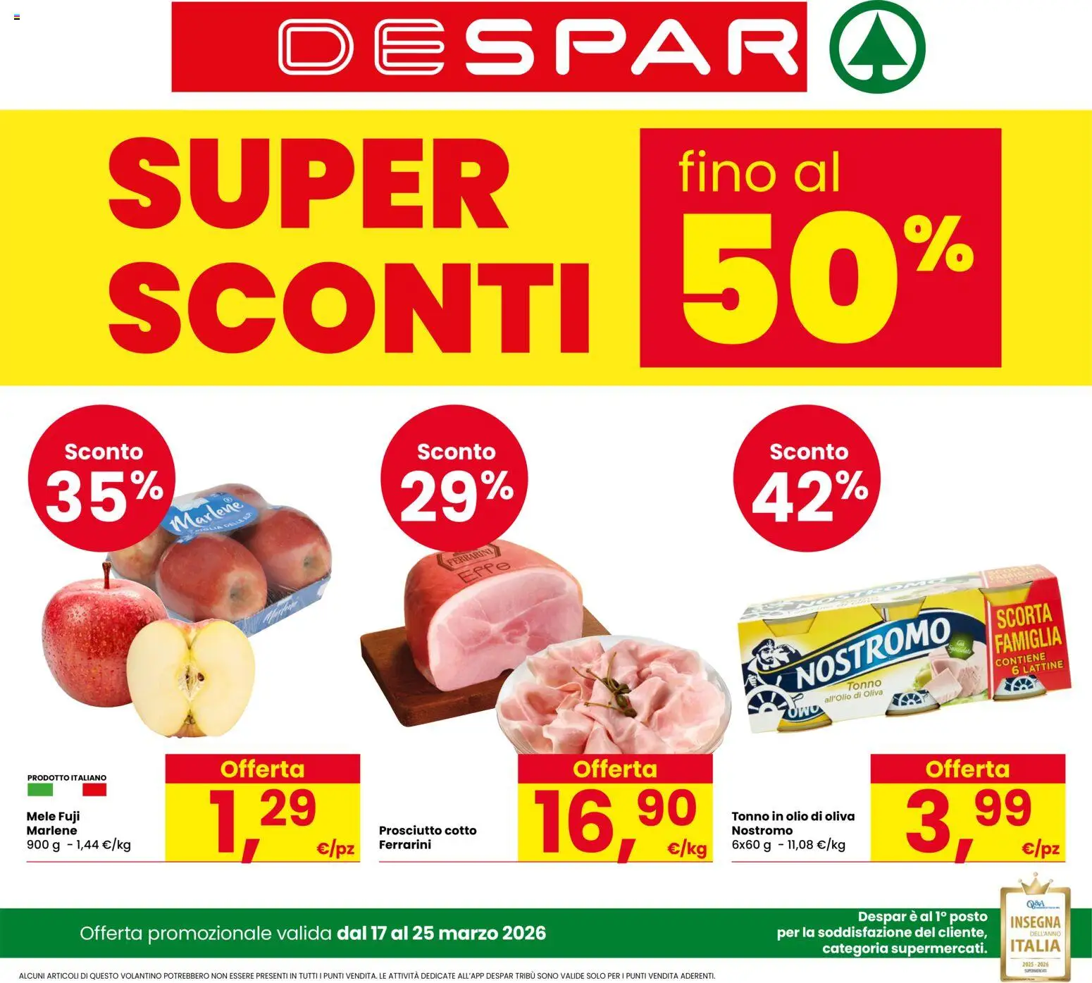 Volantino Despar del 17.03.2026 | Pagina: 1 | Prodotti: Prosciutto Cotto, Mele, Olio, Tonno
