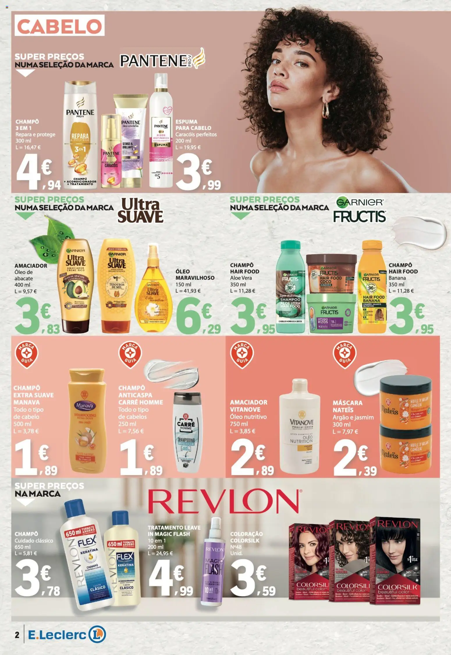 E.Leclerc folheto Especial Beleza │ válido de 07.04.2026 | Página: 2 | Produtos: Shampoo, Óleo, Abacate, Mel