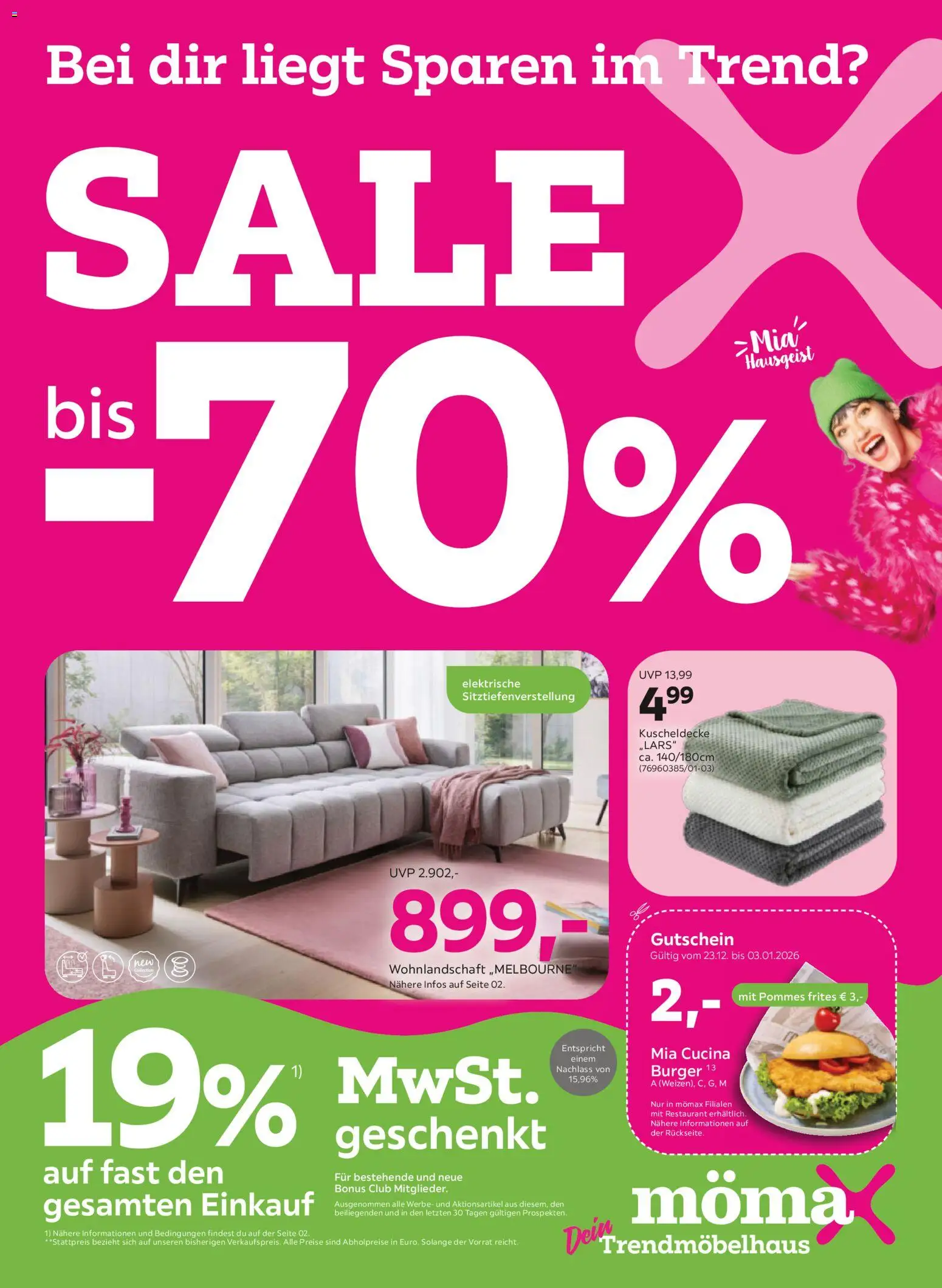 Mömax Prospekt 	 – gültig ab 20.12.2025 | Seite: 1 | Produkte: Wohnlandschaft, Pommes, Burger, Pommes frites