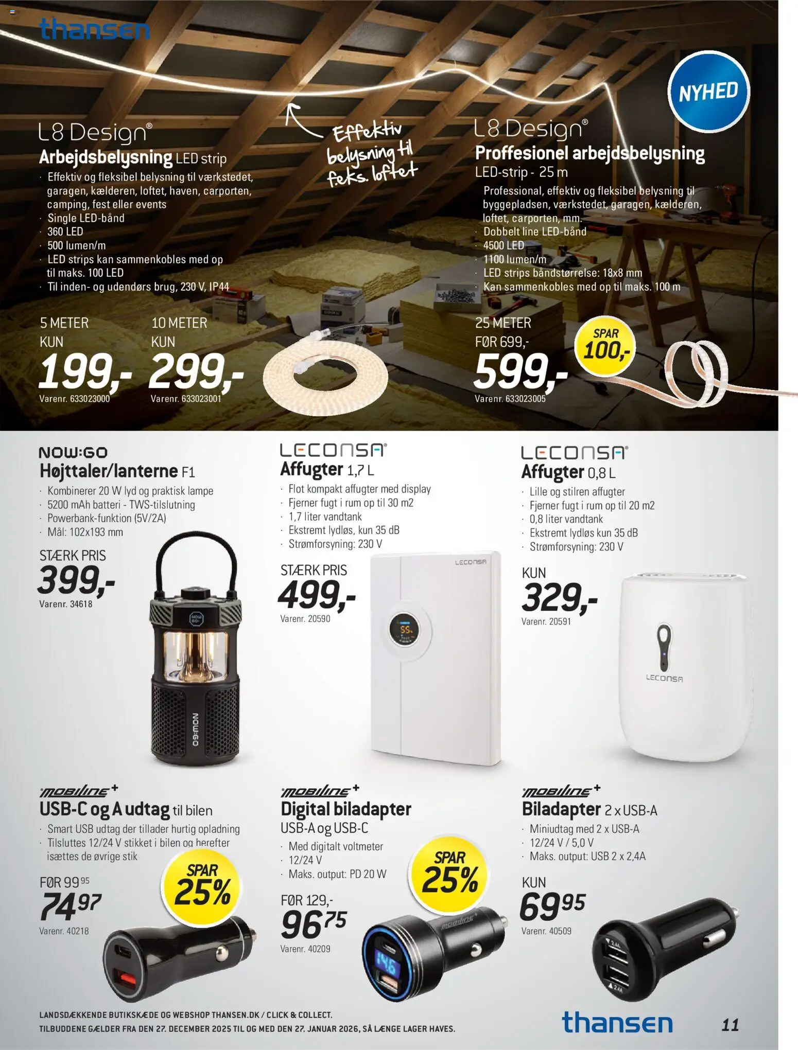 Thansen tilbudsavis – gyldig fra 27.12.2025 | Side: 11 | Produkter: Lampe, Stik, USB, Batteri