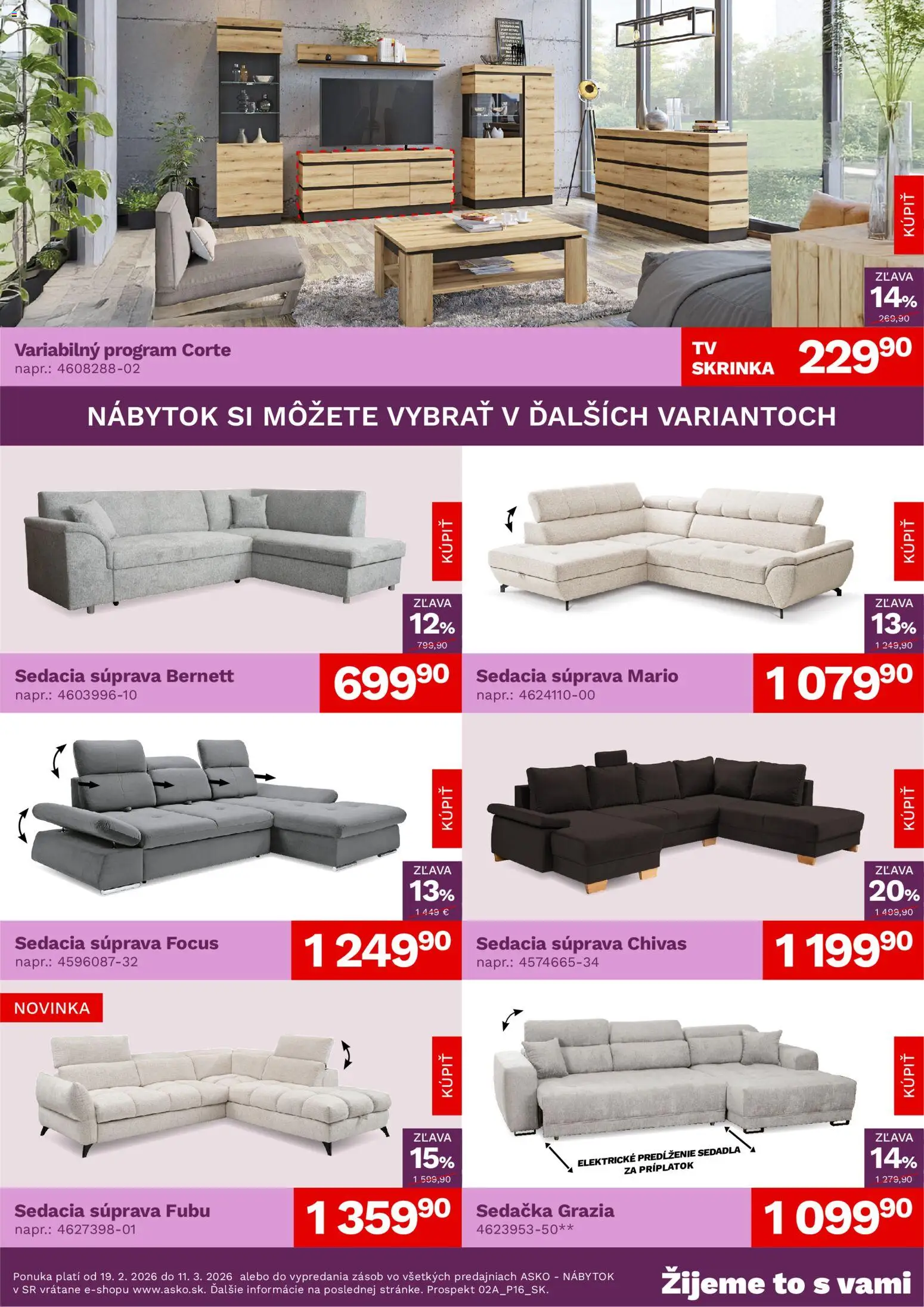 Nové ASKO nábytok akcie – leták je platný od 19.02.2026 | Strana: 2 | Produkty: Nábytok, Sedacia súprava, Sedačka, Skrinka