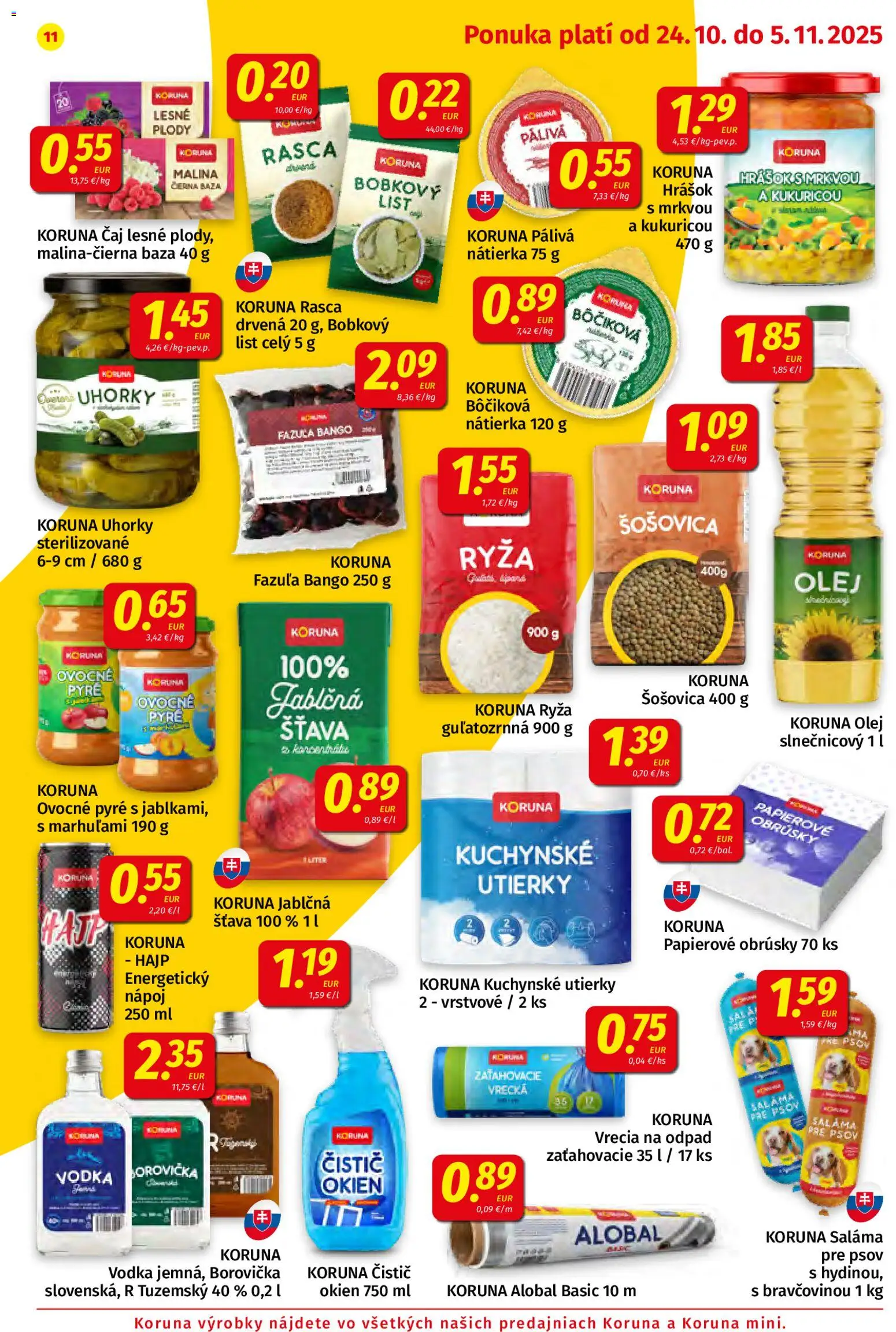 Nové Koruna akcie – leták je platný od 24.10.2025 | Strana: 11 | Produkty: Čistič okien, Fazuľa, Šošovica, Vodka
