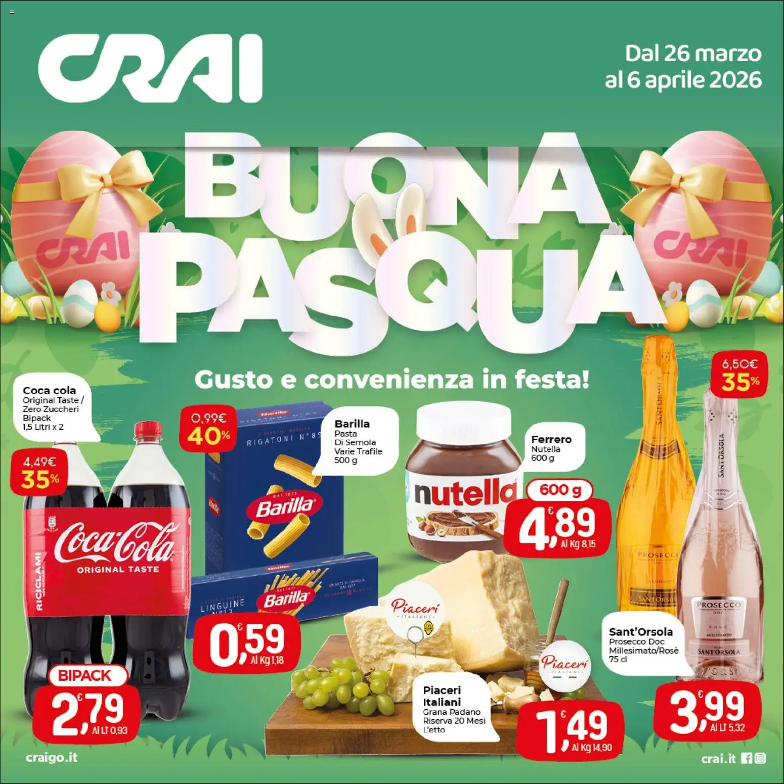 Volantino CRAI del 26.03.2026 | Pagina: 1 | Prodotti: Prosecco, Nutella, Grana Padano, Coca Cola