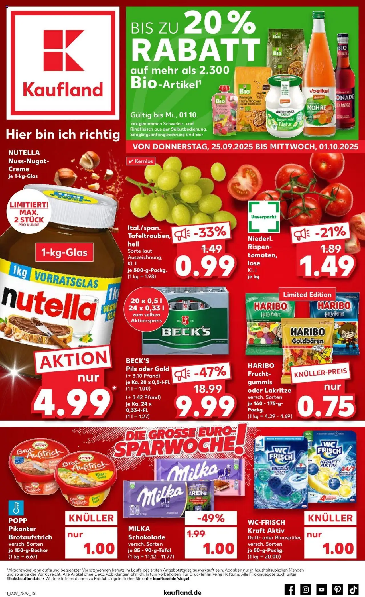 Kaufland prospekt Neunkirchen	 – gültig ab 25.09.2025 | Seite: 1 | Produkte: Schokolade, Nutella, Brot, Rindfleisch