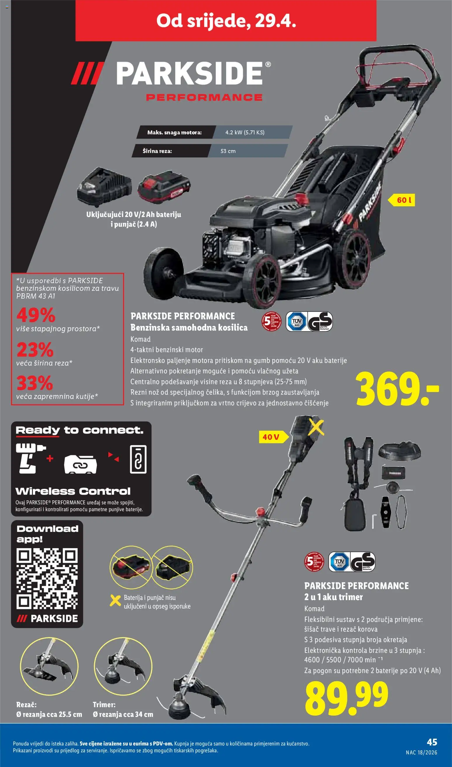 Lidl katalog | vrijedi od 27.04.2026 | Stranica: 45 | Proizvodi: Kosilica, Aku trimer, Nož, Trimer