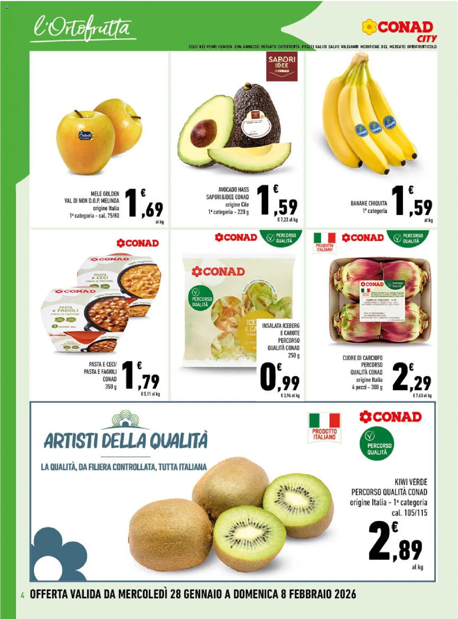 Volantino Conad del 28.01.2026 | Pagina: 4 | Prodotti: Kiwi, Insalata, Ceci, Carote