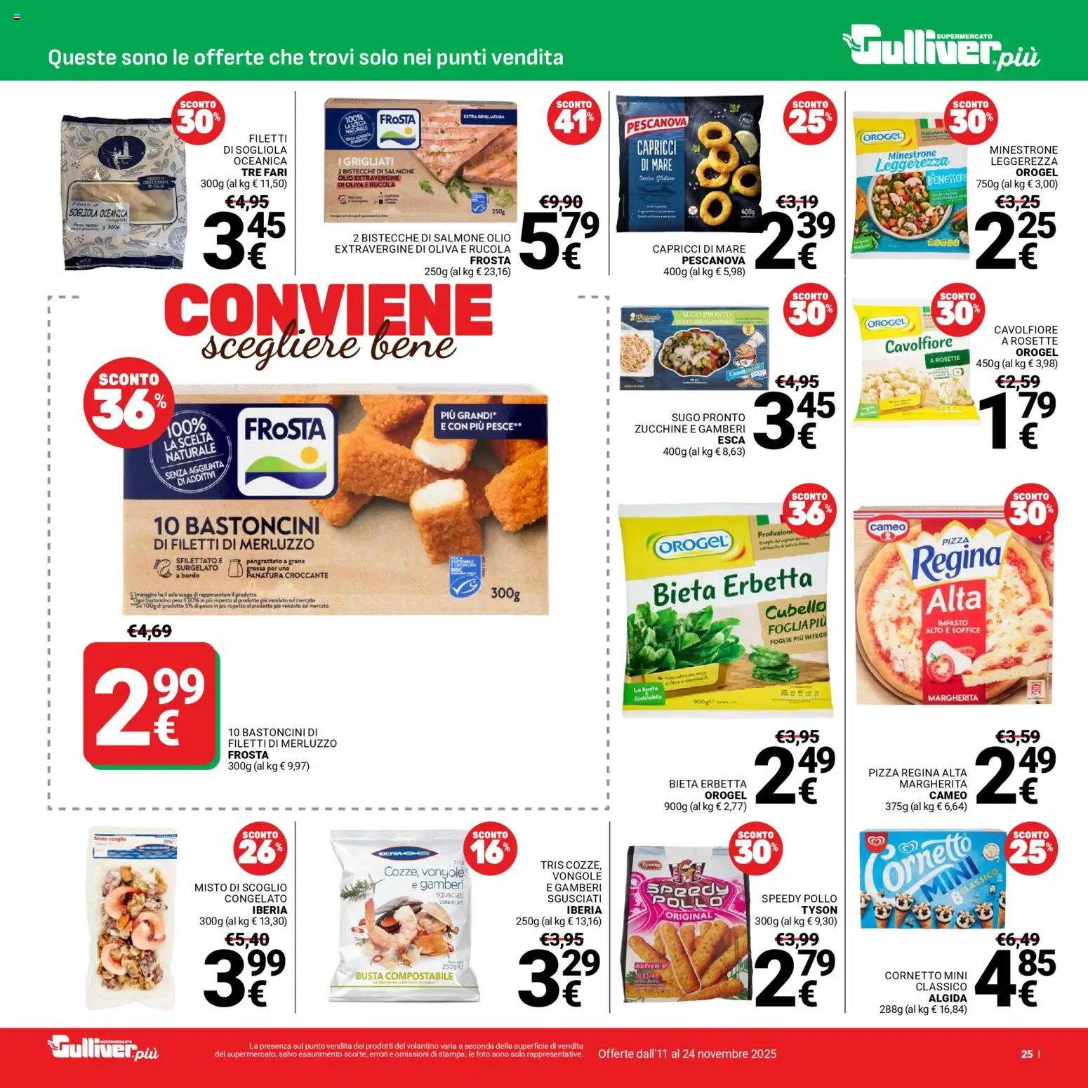 Volantino Gulliver del 11.11.2025 | Pagina: 25 | Prodotti: Salmone, Vongole, Olio, Cavolfiore