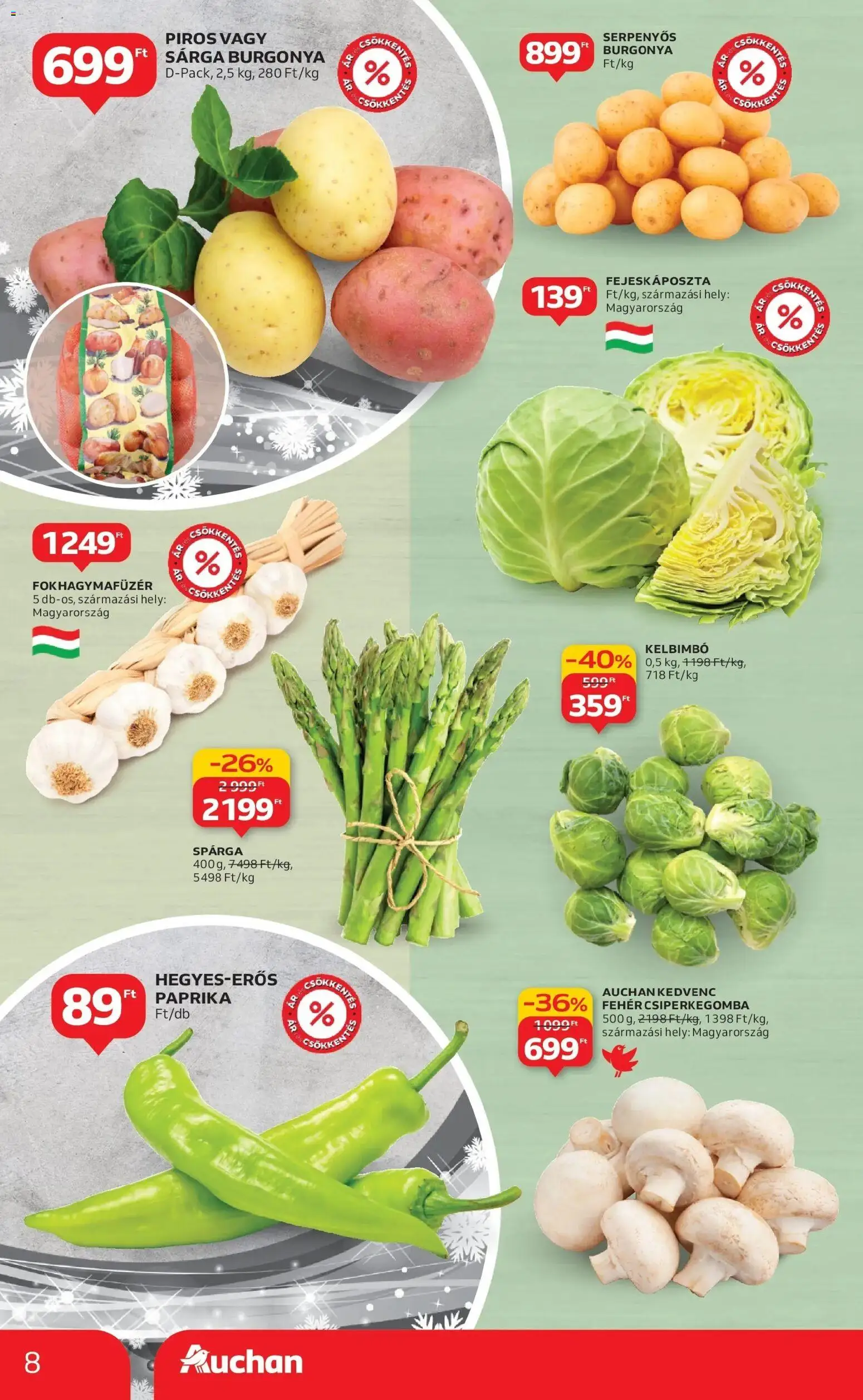 Auchan akciós ujság - amely érvényes a következő dátumtól: 18.12.2025 | Oldal: 8 | Termékek: Csiperkegomba, Burgonya, Kelbimbó
