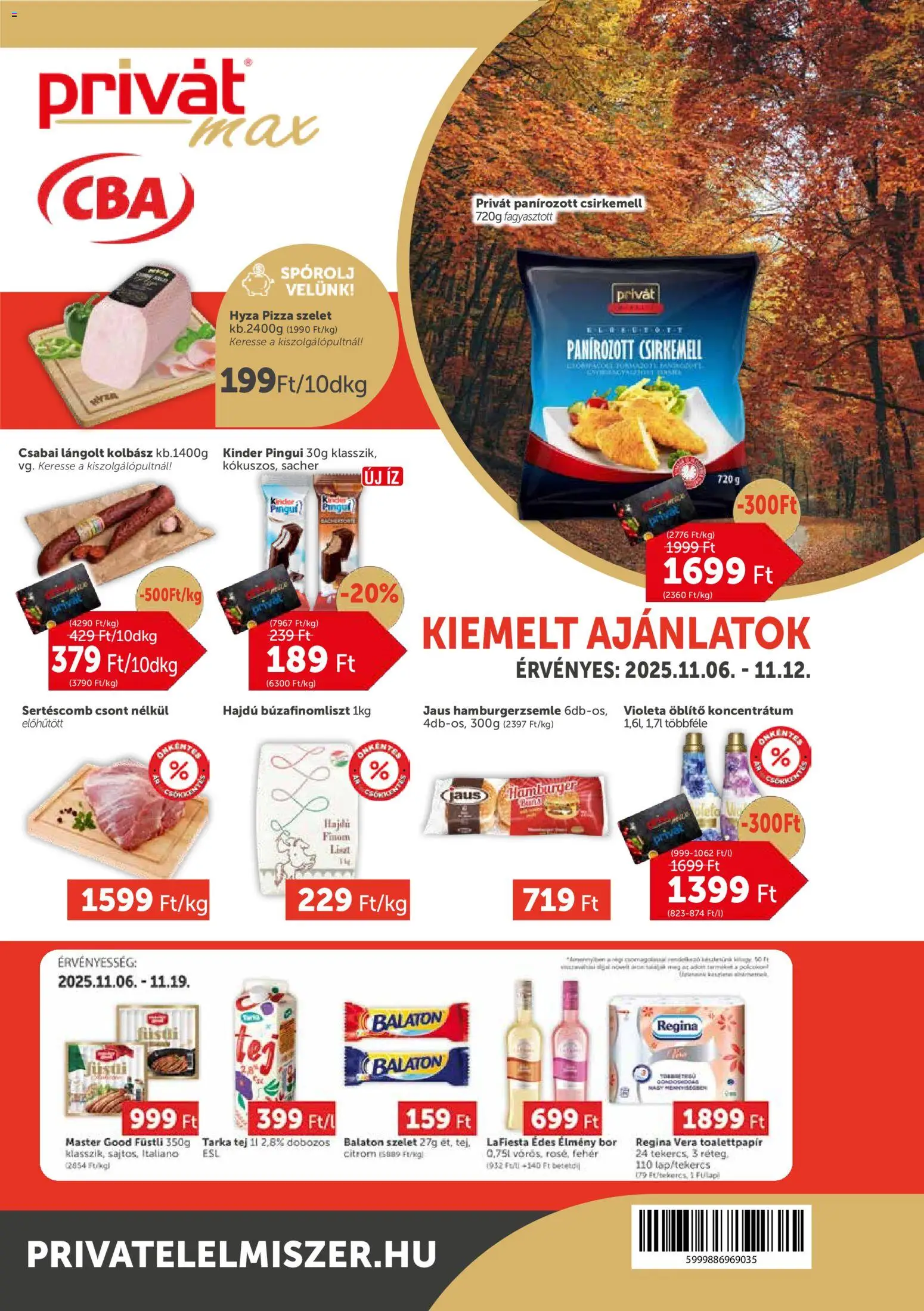 PRIVÁT akciós ujság - amely érvényes a következő dátumtól: 06.11.2025 | Oldal: 1 | Termékek: Kolbász, Hamburger, Csirkemell, Citrom