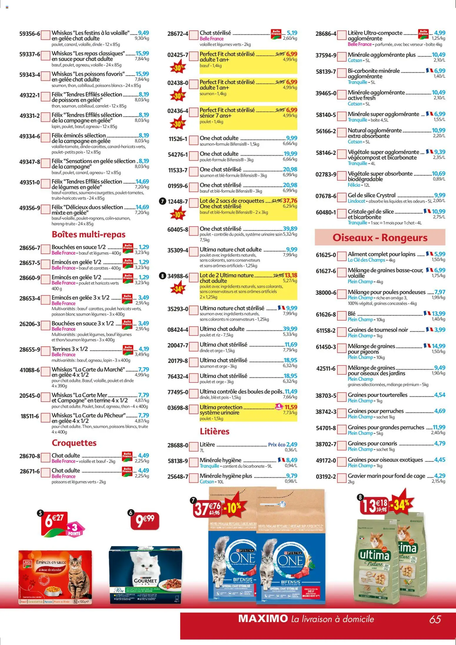 {H1} | Page: 65 | Produits: Agneau, Volaille, Ultima chat stérilisé, Thon