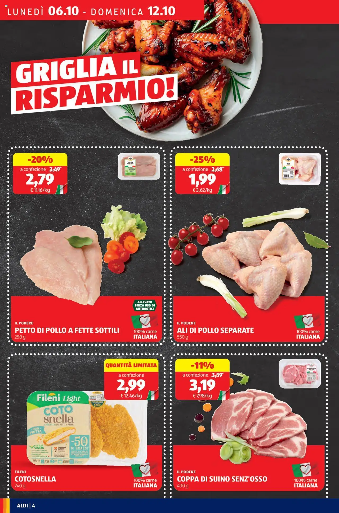 Volantino Aldi del 06.10.2025 | Pagina: 4 | Prodotti: Petto di Pollo, Pollo, Suino, Griglia