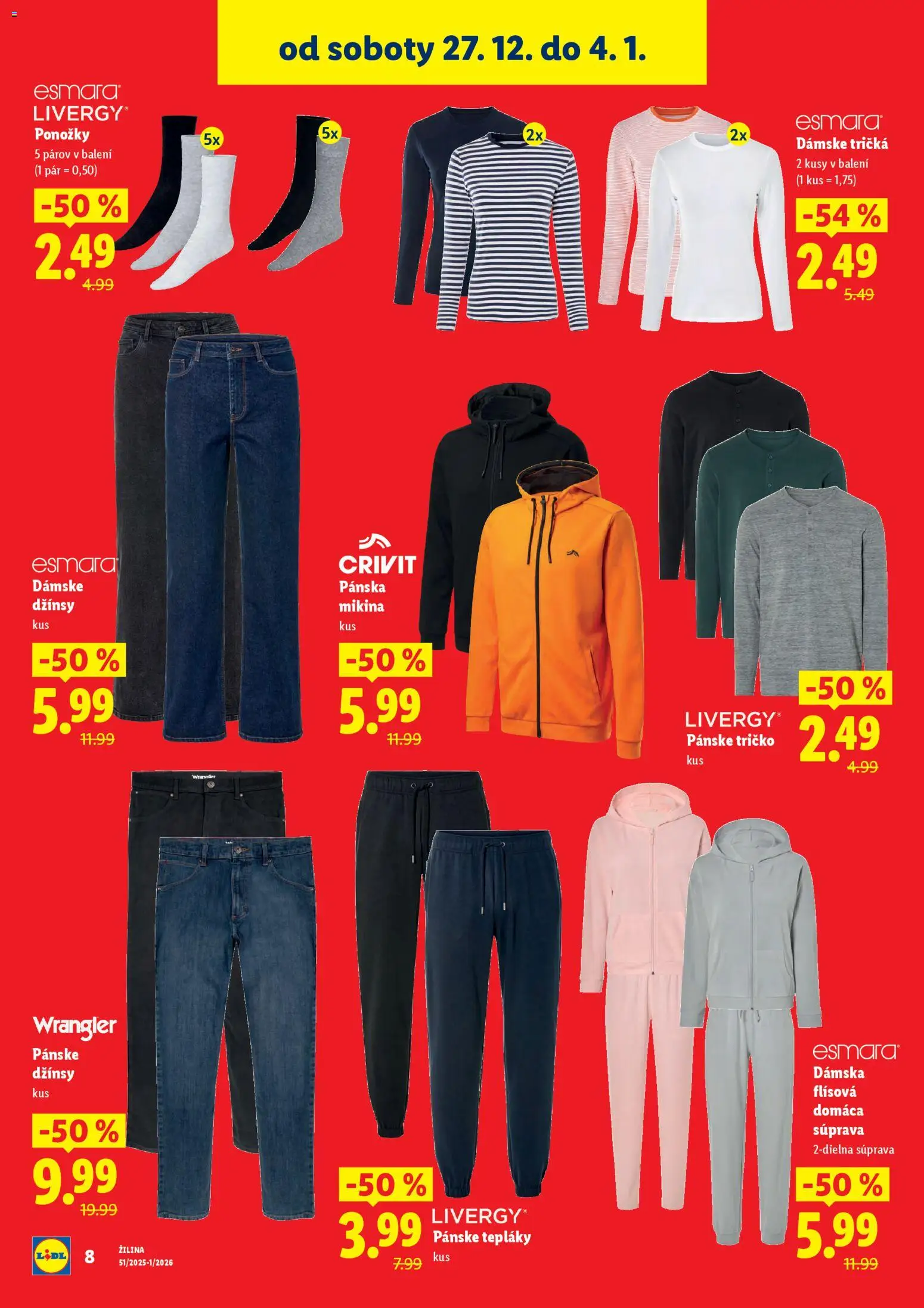 Nové Lidl akcie – leták je platný od 27.12.2025 | Strana: 8 | Produkty: Tričko, Mikina, Ponožky