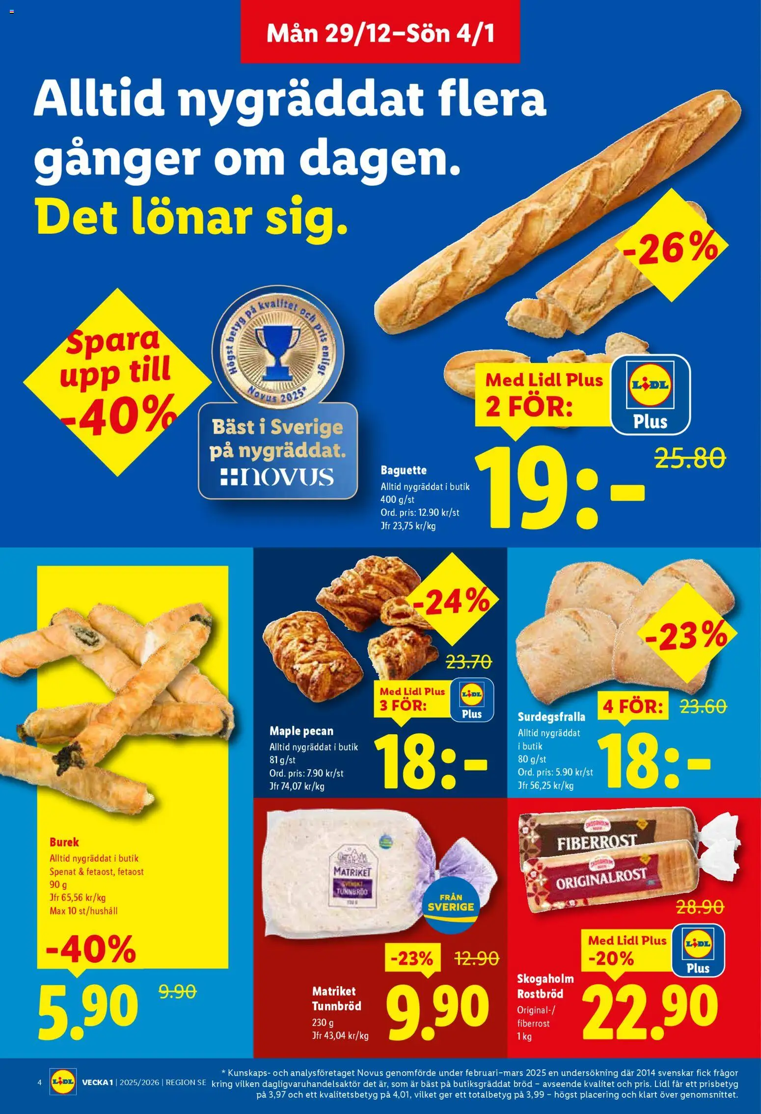 Lidl reklamblad aktuell från 29.12.2025 | Sida: 4 | Produkter: Baguette, Rostbröd, Tunnbröd, Spenat