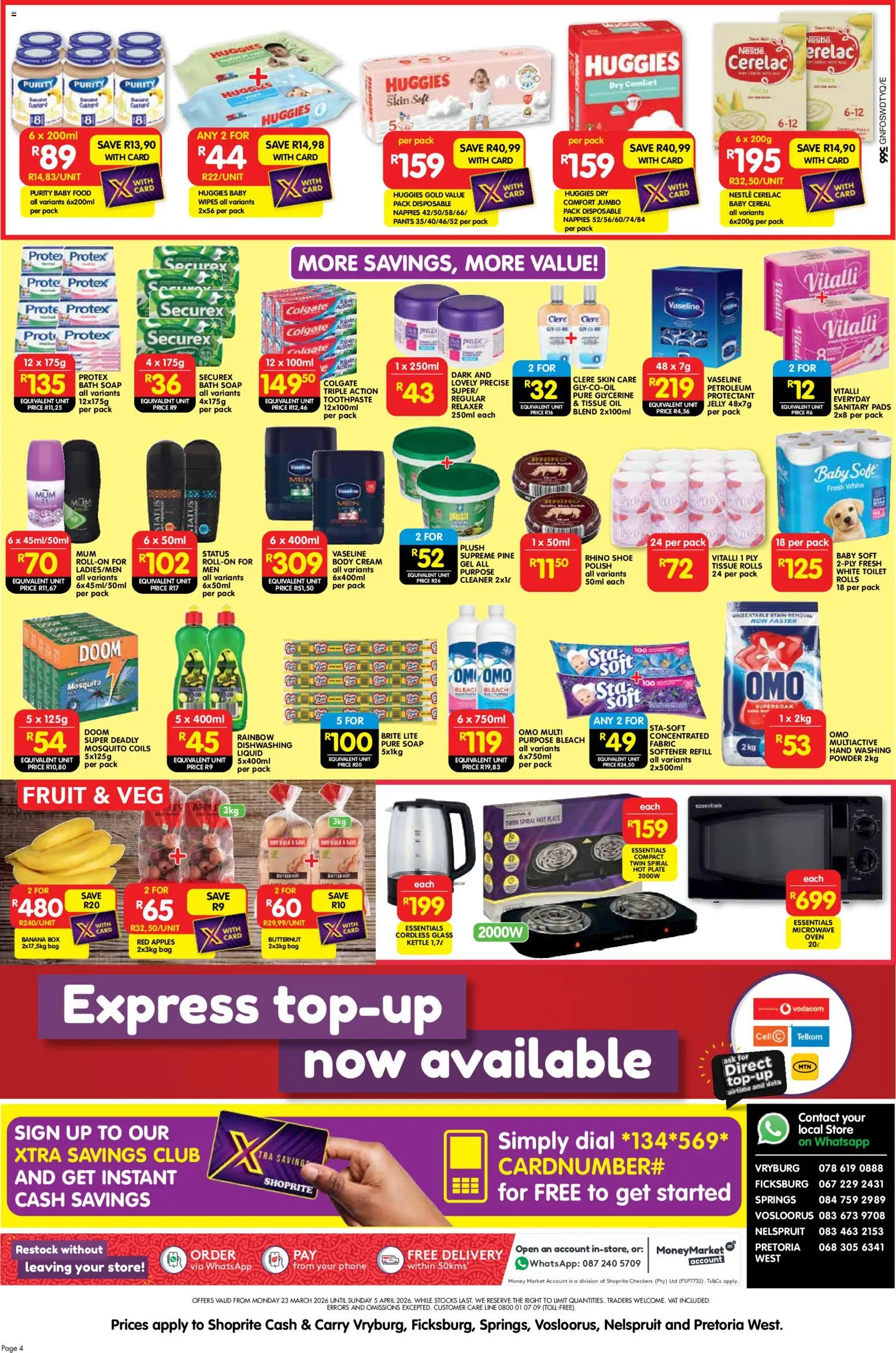 New Shoprite catalogue – valid from 23.03.2026 | Page: 4 | Products: Bag, Kettle, Bath, Nappies