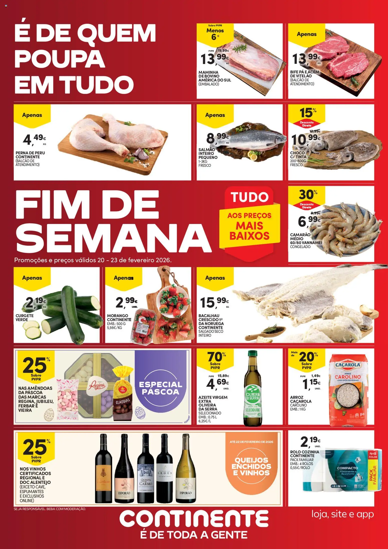 Continente - Fim de Semana │ válido de 20.02.2026 | Página: 1 | Produtos: Amêndoas, Curgete, Camarão, Pá