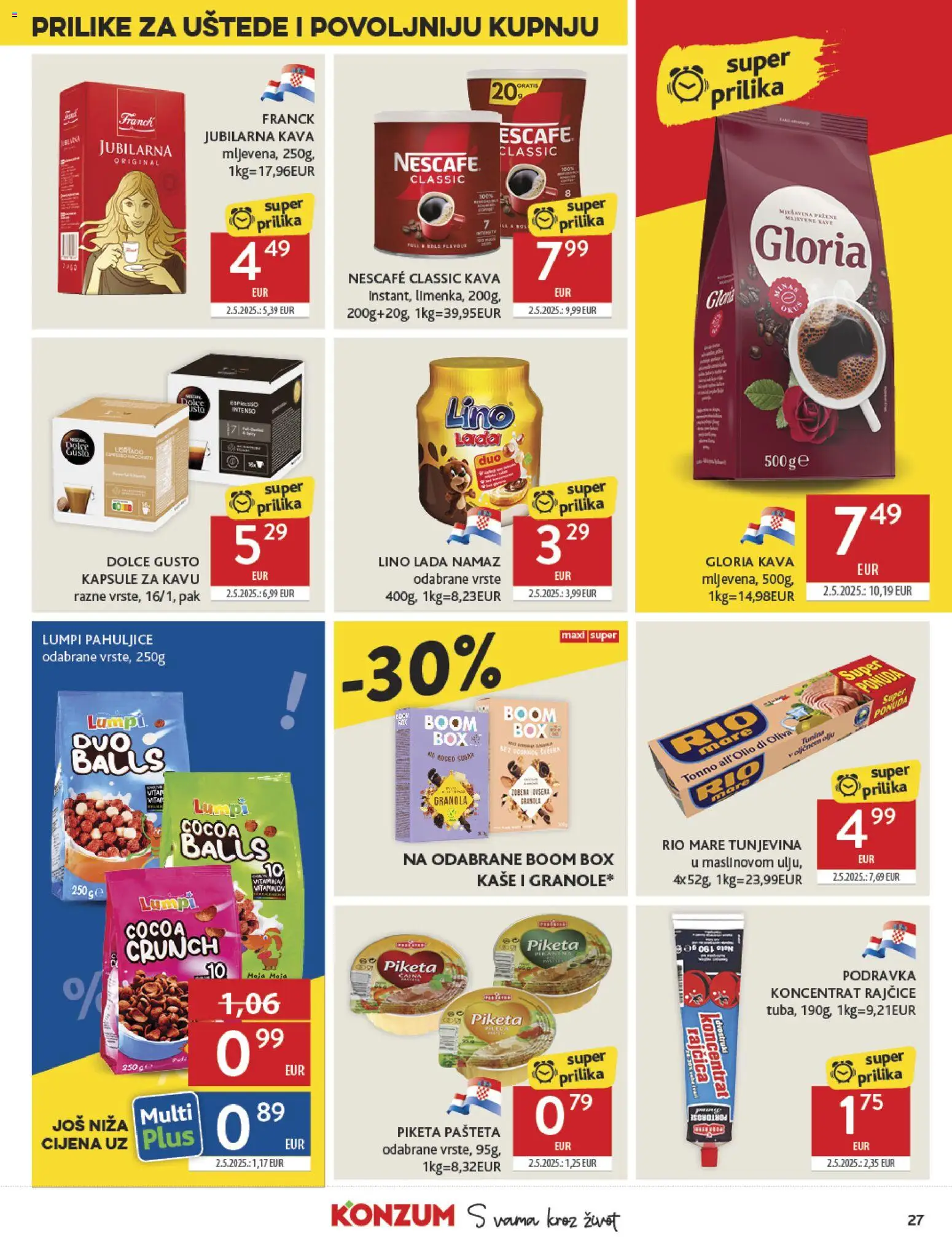 Konzum HR akciós ujság - amely érvényes a következő dátumtól: 12.11.2025 | Oldal: 27 | Termékek: Dolce Gusto, Nescafé, Granola, Kávé