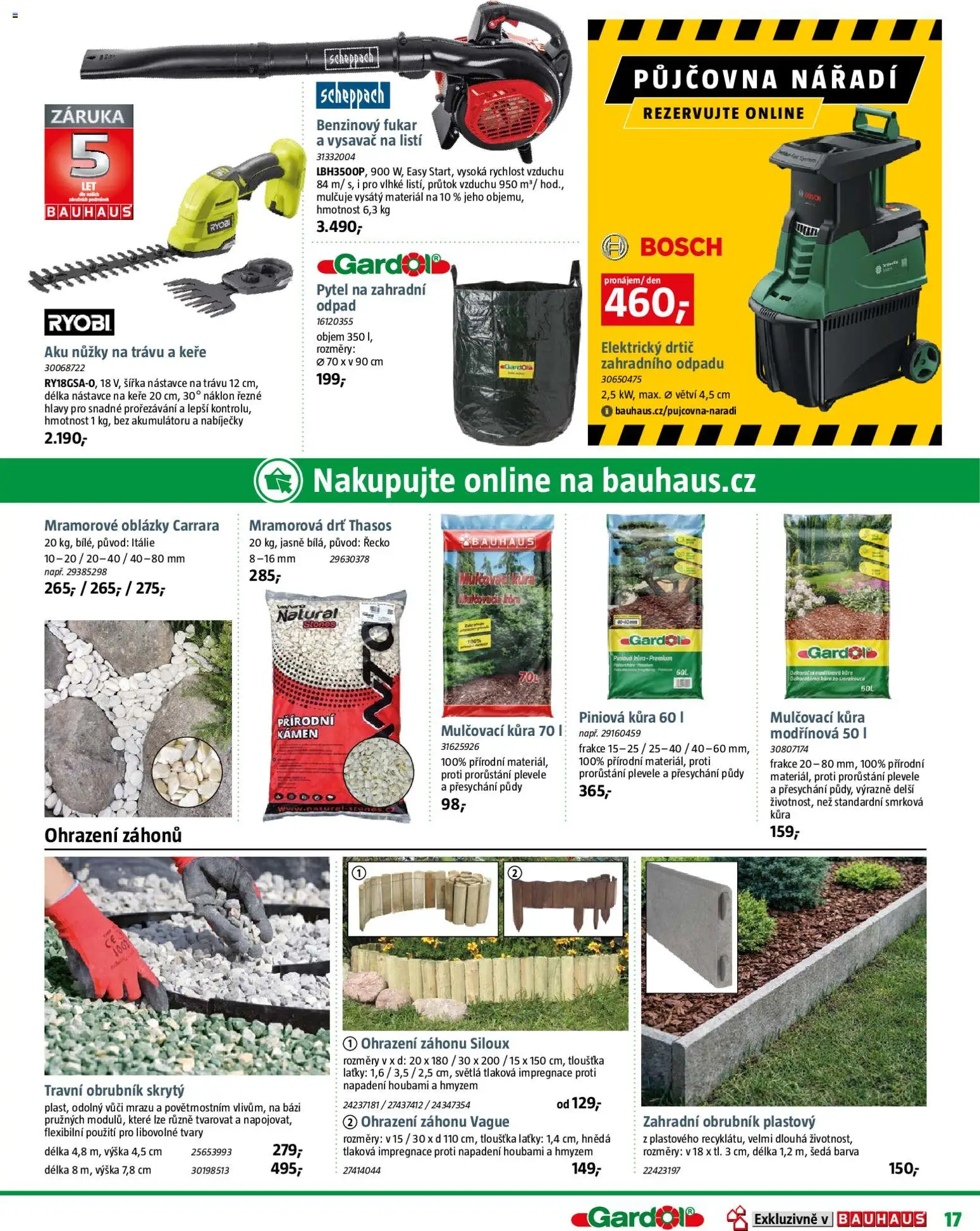 Bauhaus katalog Zahradní centrum od 20.03.2026 | Strana: 17 | Produkty: Nůžky, Mulčovací kůra, Drtič, Aku nůžky
