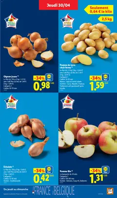 LIDL - Prévisualisation de Pomme de terre chair ferme (1), Le filet de 2,5 kg (1 kg = 0,64 €) avec Lidl Plus au lieu de 2,41 € (1 kg = 0,97 €), Catégorie 1, Calibre 35-55 mm, Nature : vapeur/sauté/salade, Variétés: Jazzy, Marylin, Chateau, Traitement anti germinatif après récolte valide à partir de 30.04.2026 | Page: 3 | Produits: Pomme, Pomme de terre, Oignon, Pommes