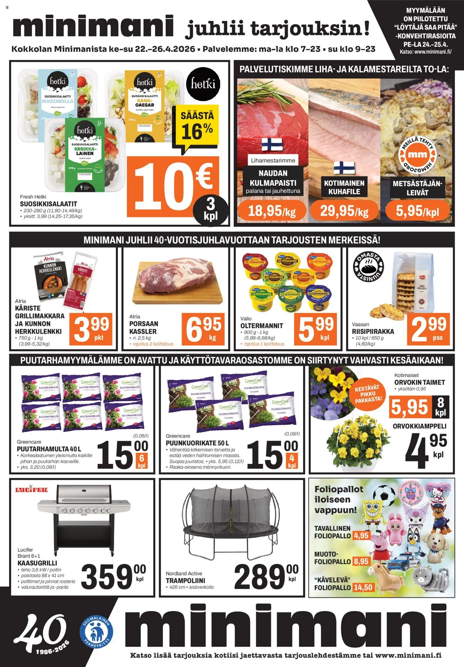 Minimani Tarjoukset - Kokkola – voimassa 22.04.2026 alkaen | Sivu: 1 | Tuotteet: Kaasugrilli, Kana, Grillimakkara, Trampoliini