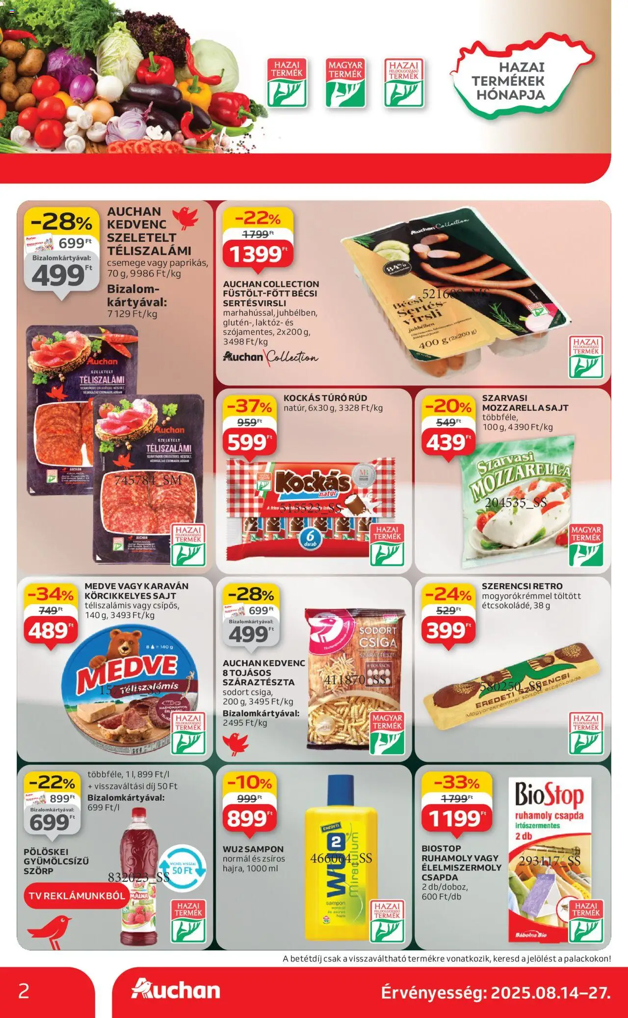 Auchan akciós ujság - amely érvényes a következő dátumtól: 14.08.2025 | Oldal: 2 | Termékek: Szörp, Málna, Sampon, Száraztészta